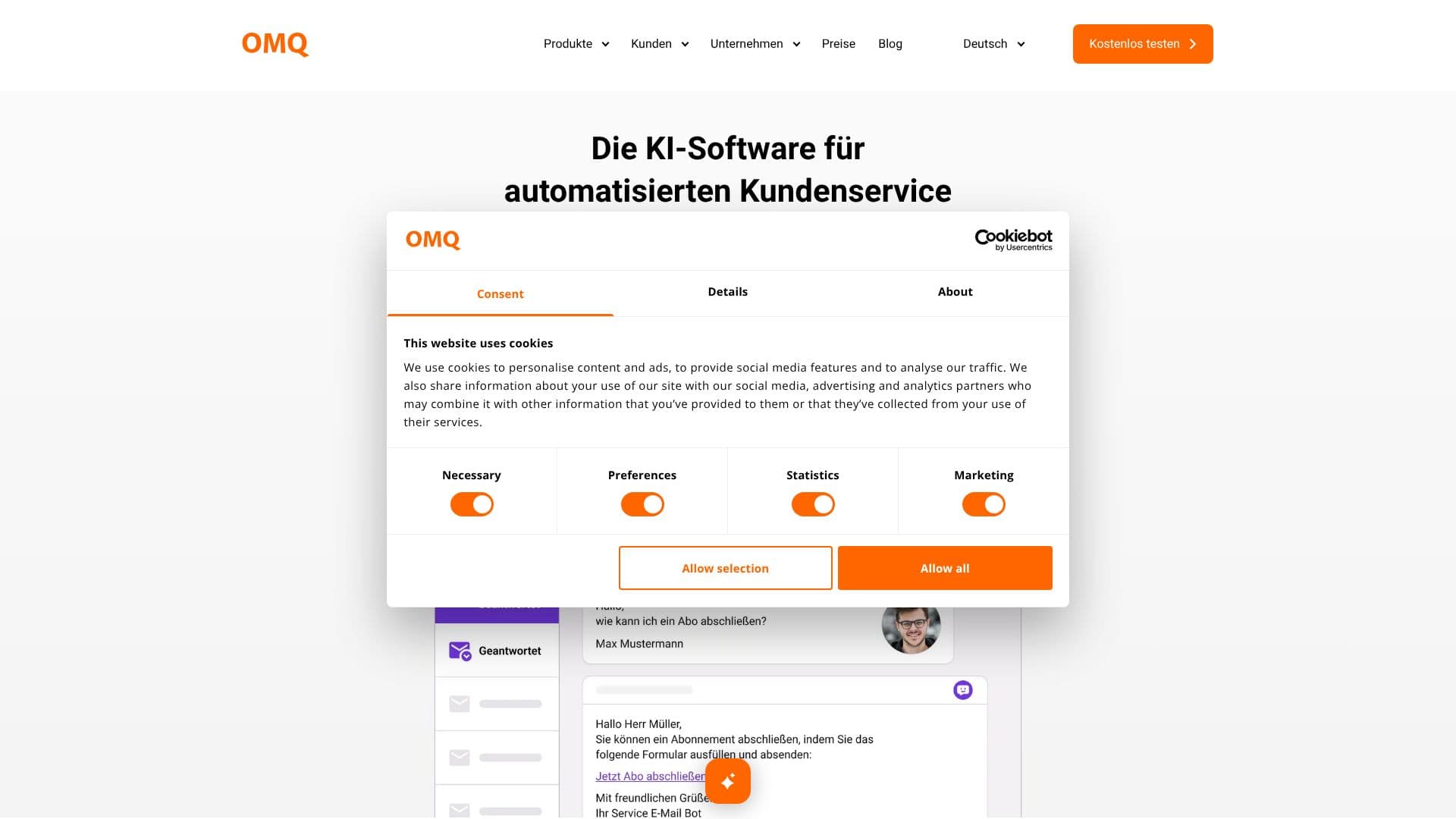 Captura de pantalla de OMQ AI Customer Service