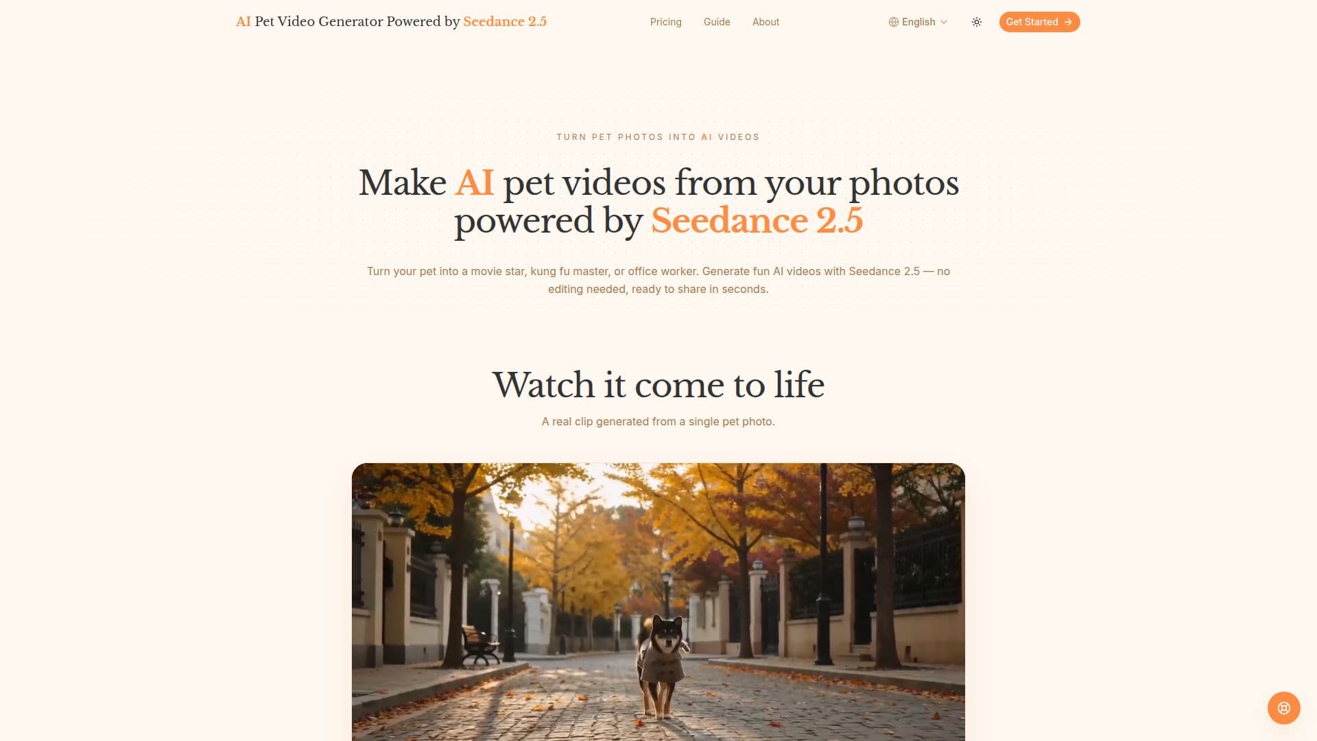 Captura de pantalla de Generador de Videos de Mascotas Impulsado por Seedance 2.5 AI