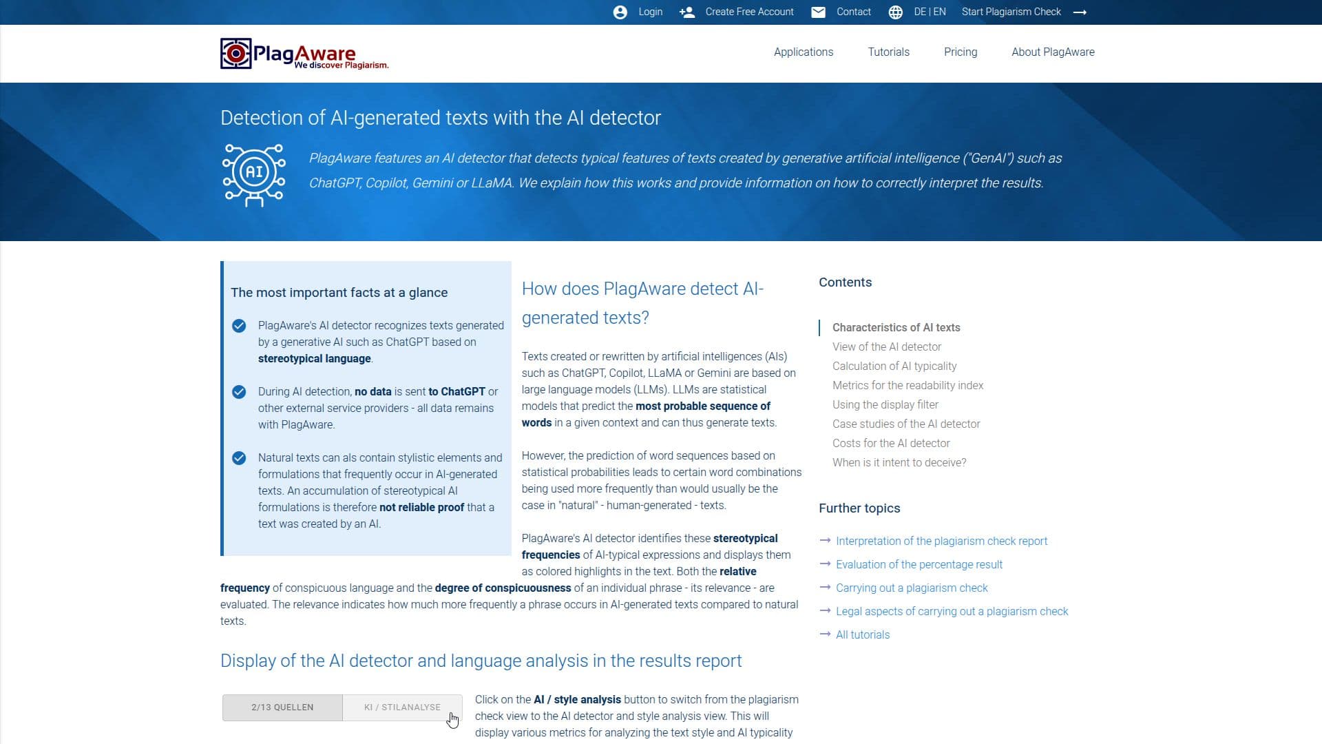 PlagAware AI 탐지기 및 언어 분석 스크린샷