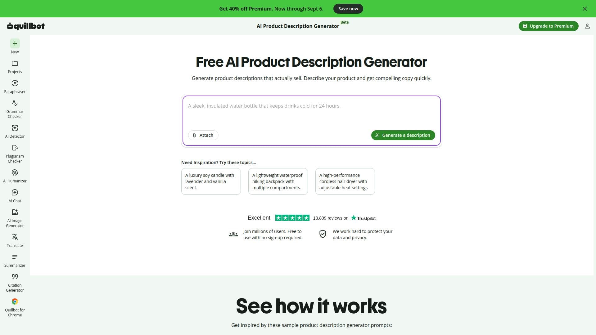 Capture d’écran de QuillBot Product Description Generator