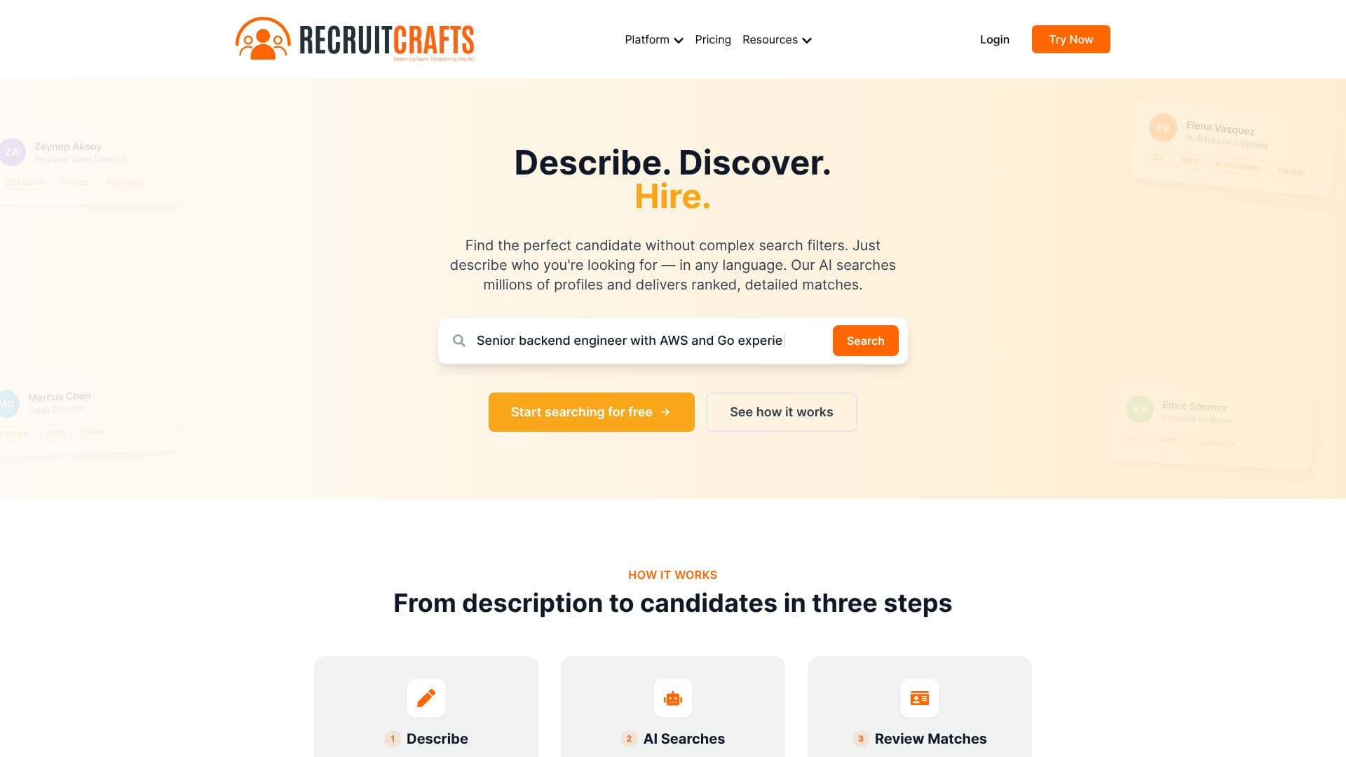 Recruitcrafts 인재 검색 스크린샷