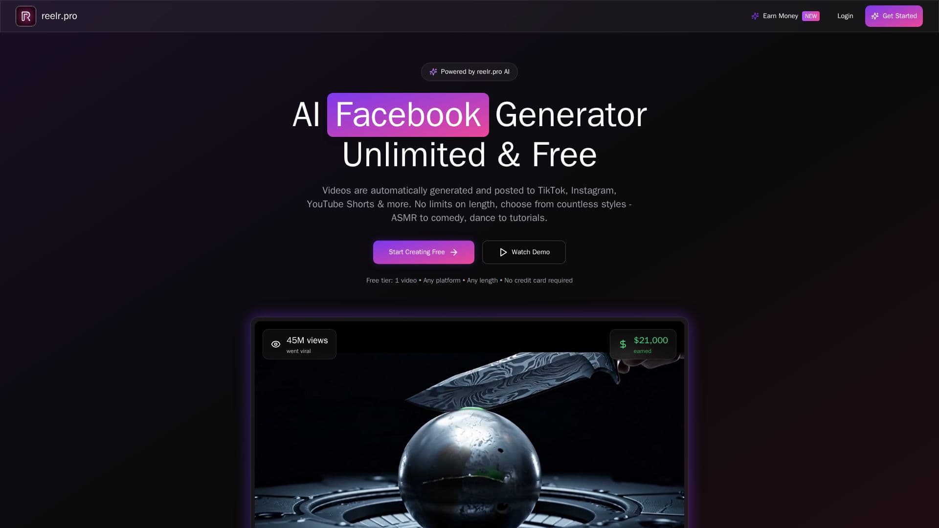 reelr.pro - AI Video Generator screenshot