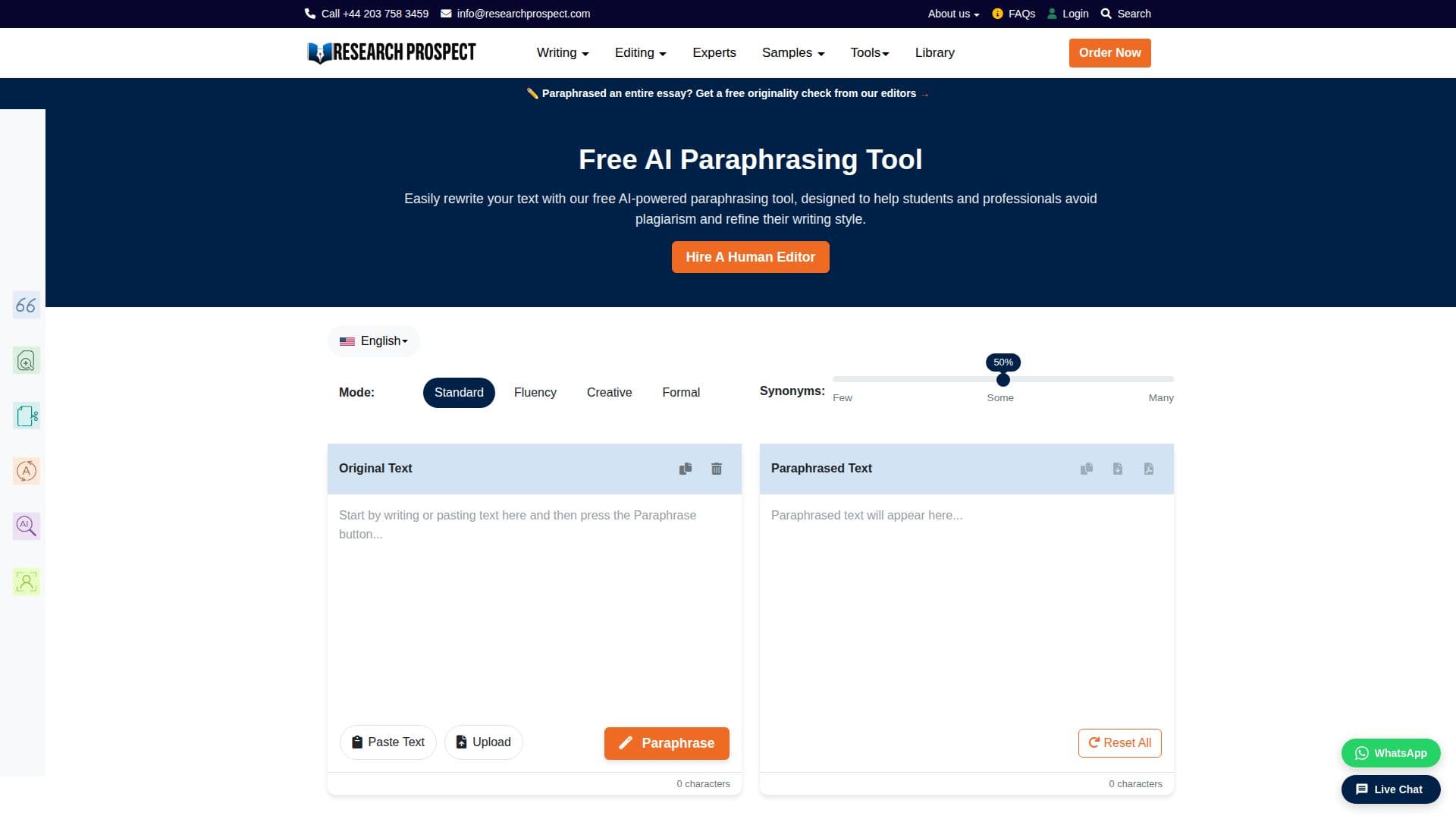 ResearchProspect Paraphrasierungswerkzeug screenshot