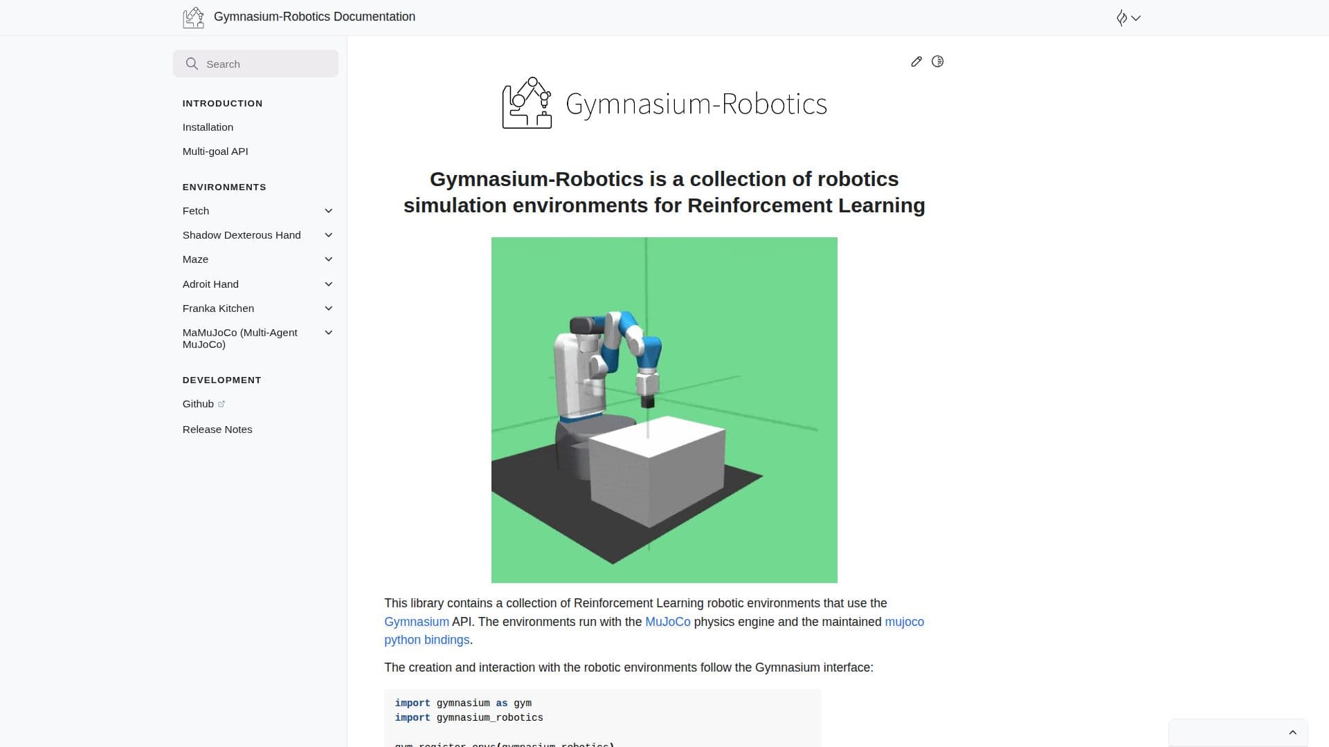 Gymnasium-Robotics Documentation screenshot