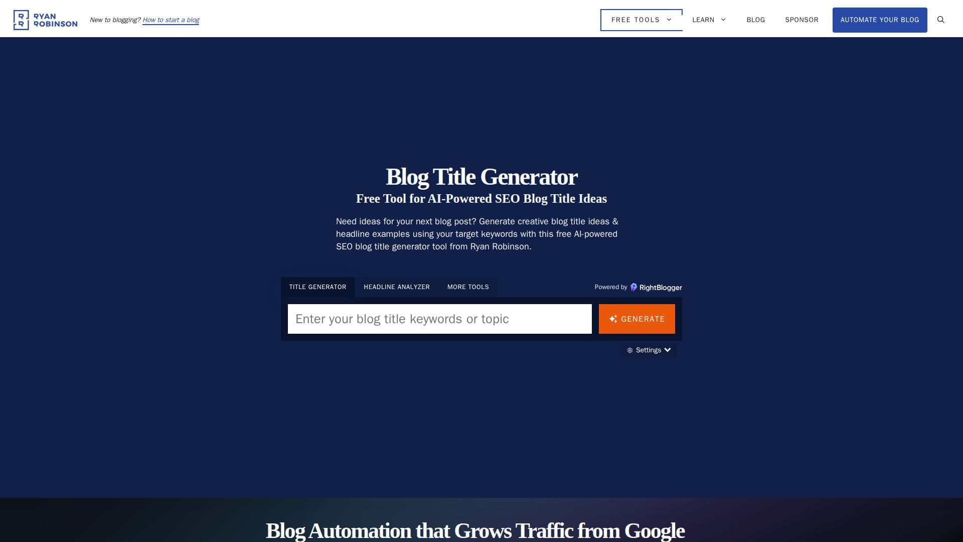 Générateur de Titres d'Articles de Blog de Ryan Robinson screenshot