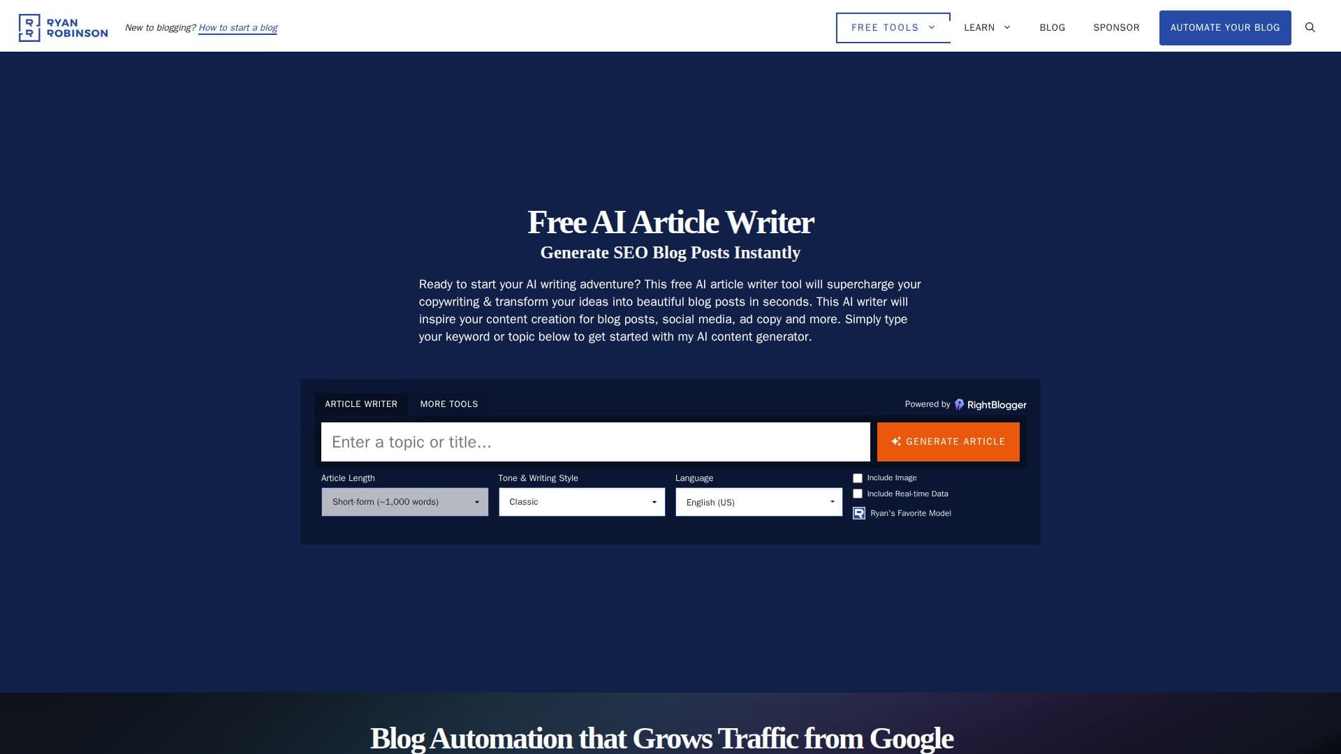 Captura de pantalla de Ryrob AI Article Writer