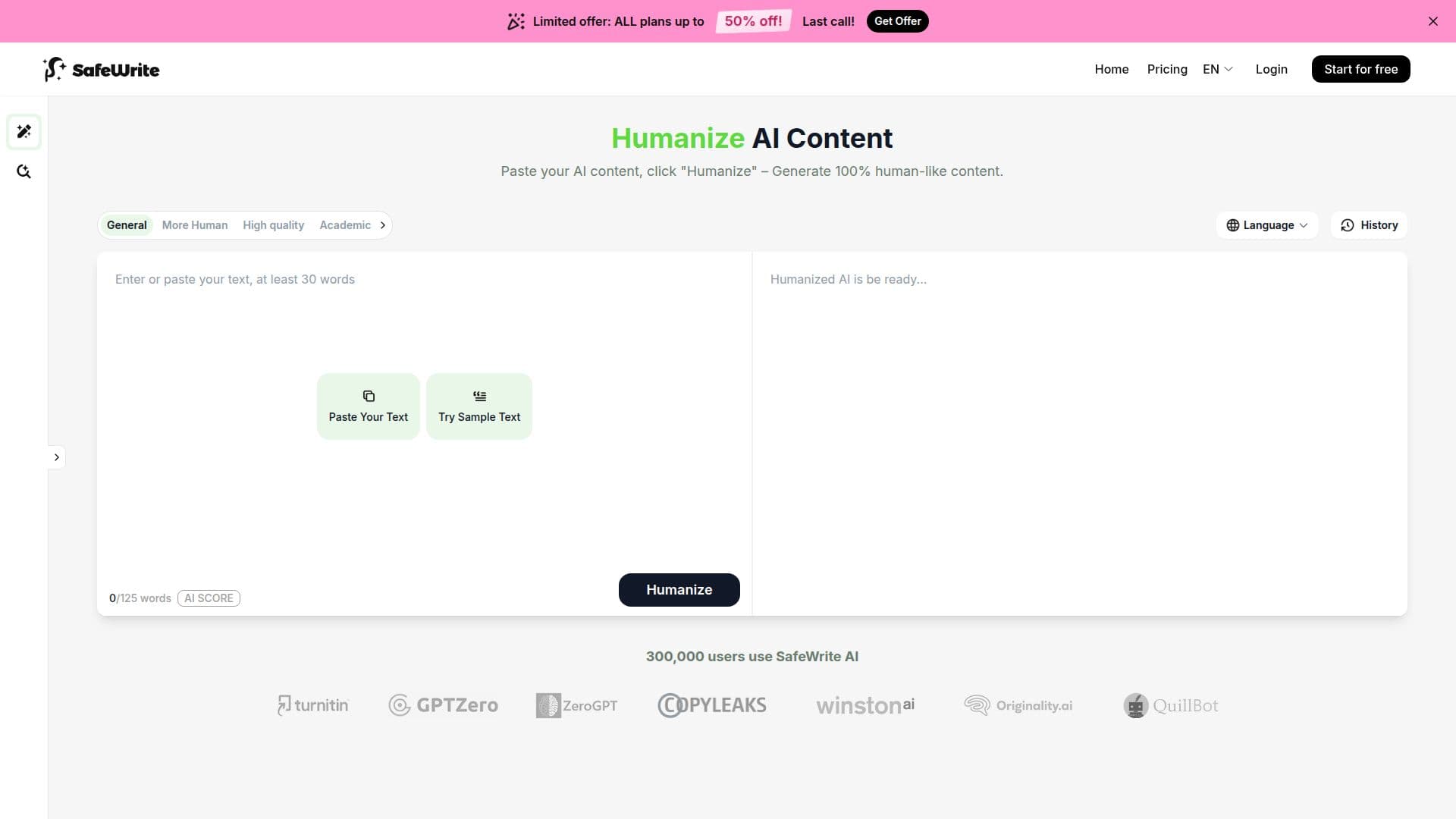 Screenshot von SafeWrite AI