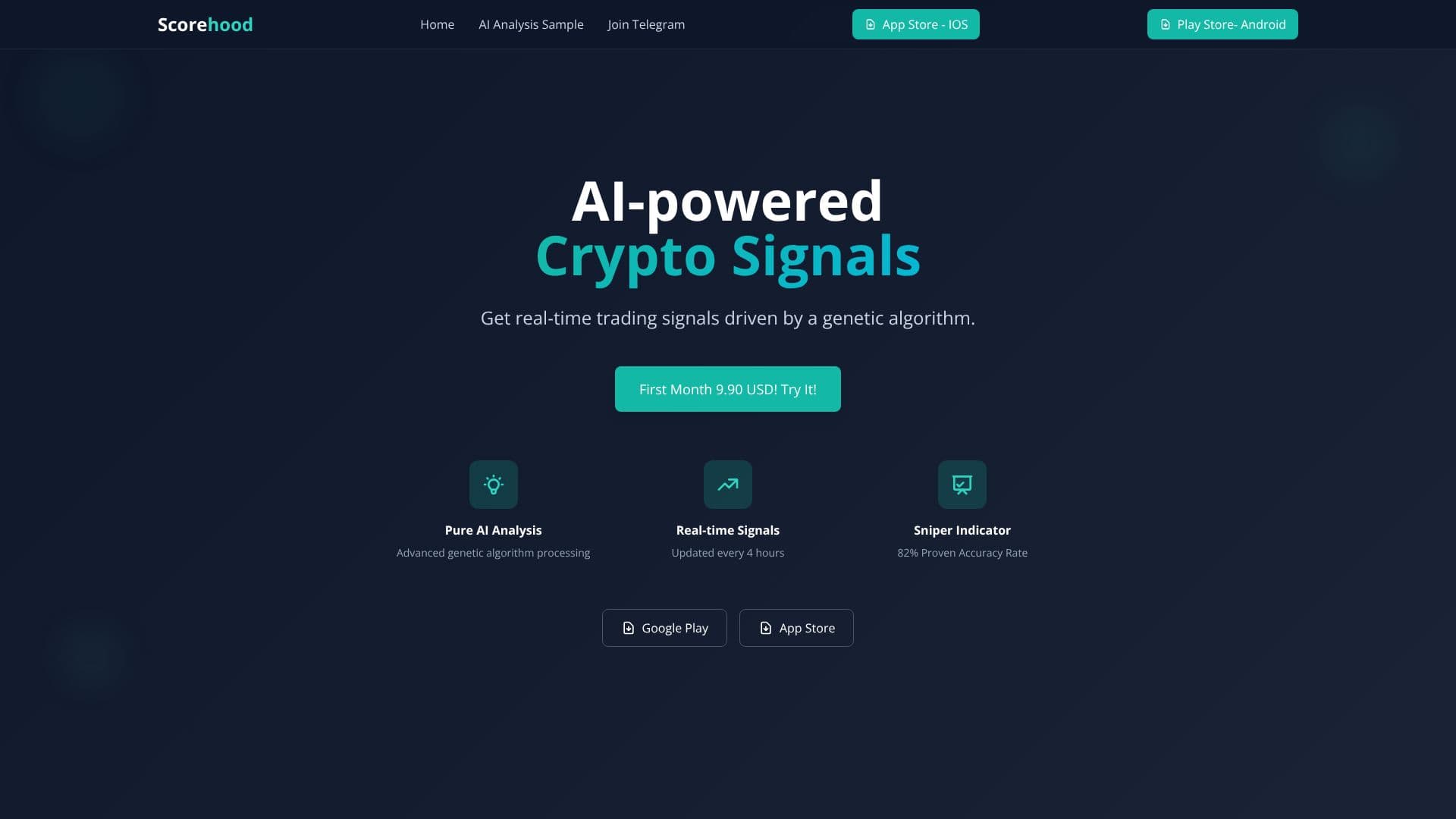 Screenshot von Scorehood - KI-gestützte Krypto-Signale