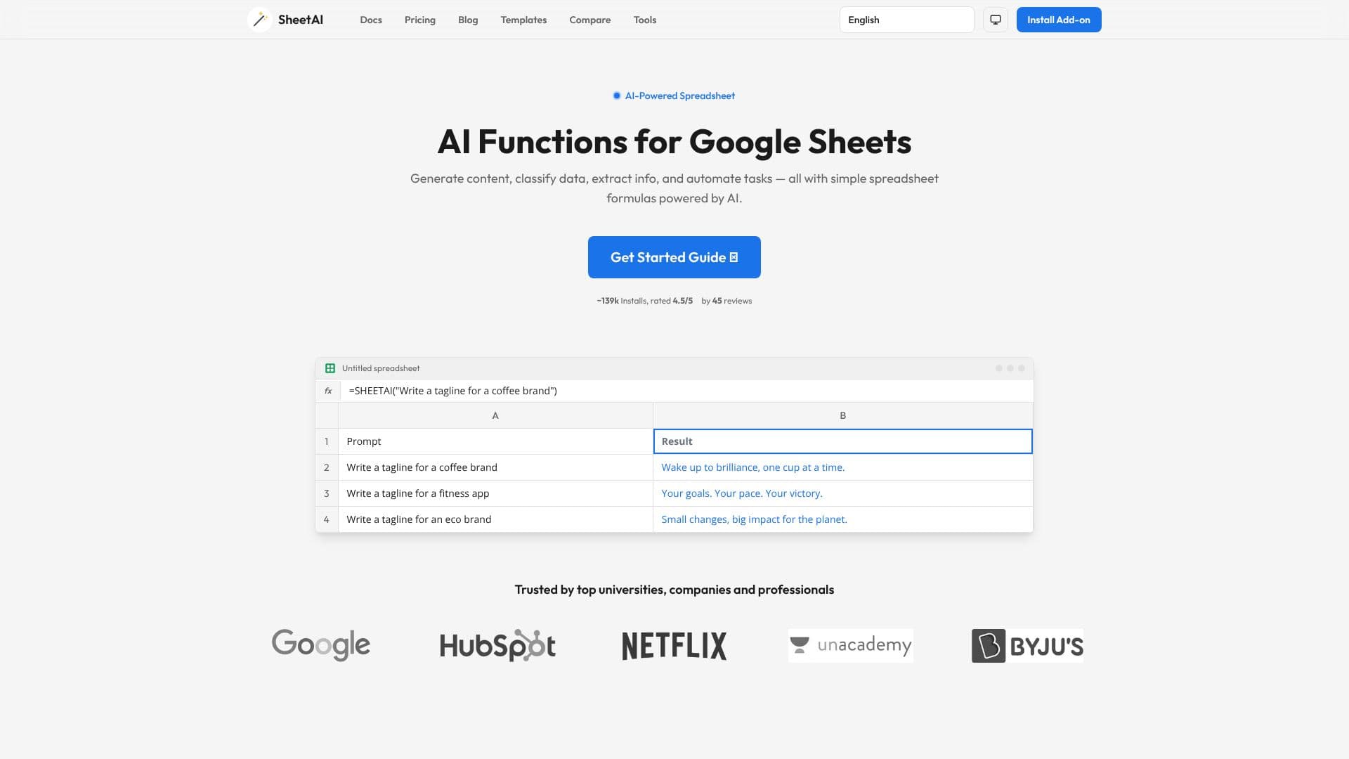 Capture d’écran de SheetAI Google Sheets Add-on