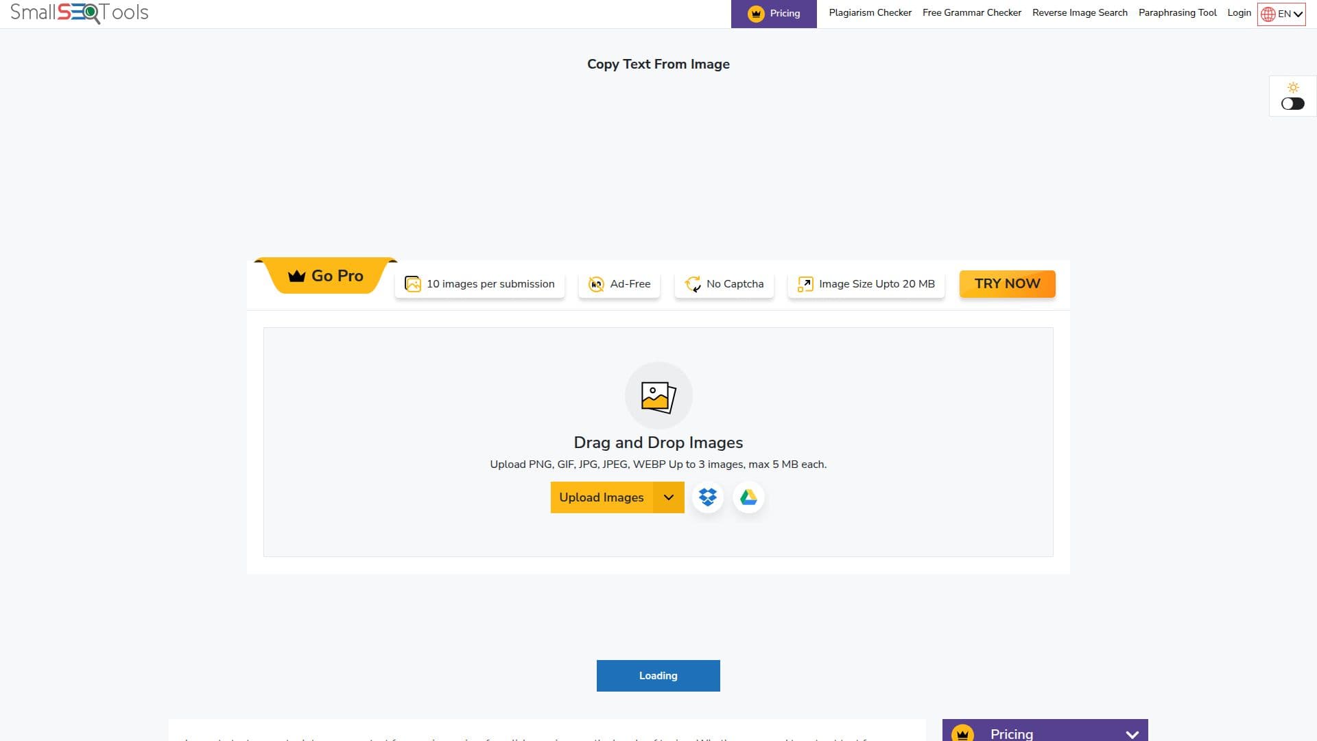 Tangkapan layar Small SEO Tools Pengonversi Gambar ke Teks