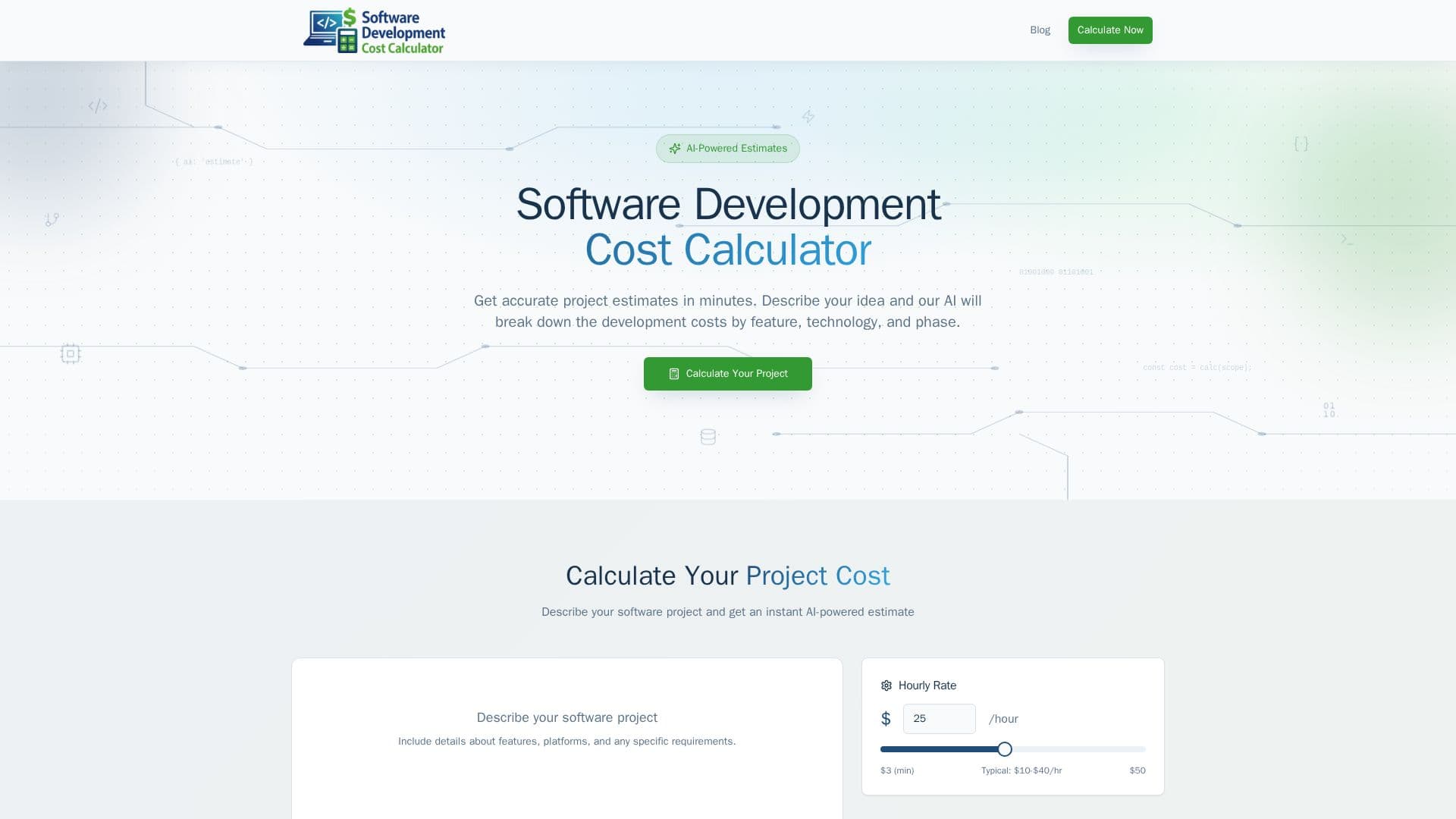 Captura de pantalla de Calculadora de Costos de Desarrollo de Software