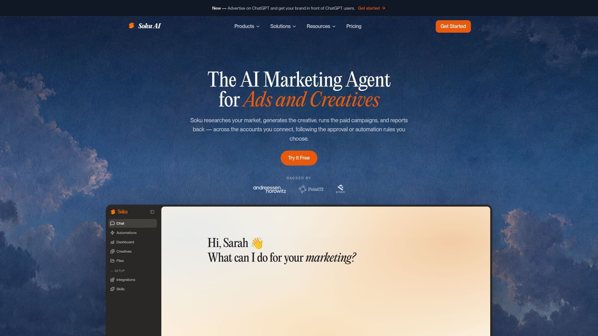 Captura de pantalla de Soku AI — Agente de Marketing AI para Anuncios y Análisis