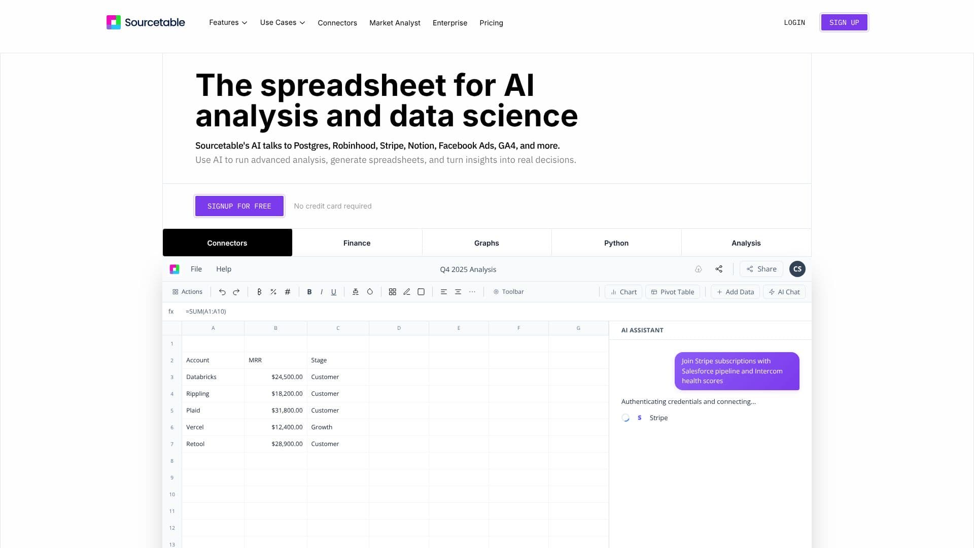 Sourcetable AI Spreadsheet screenshot
