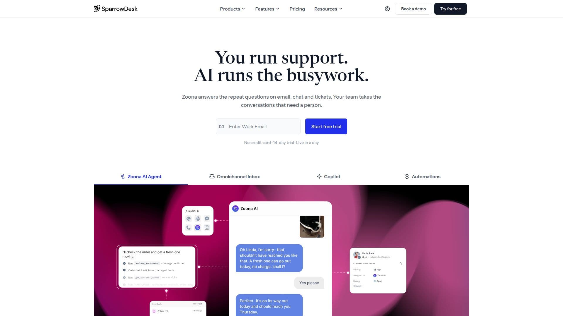 SparrowDesk AI Support Software screenshot