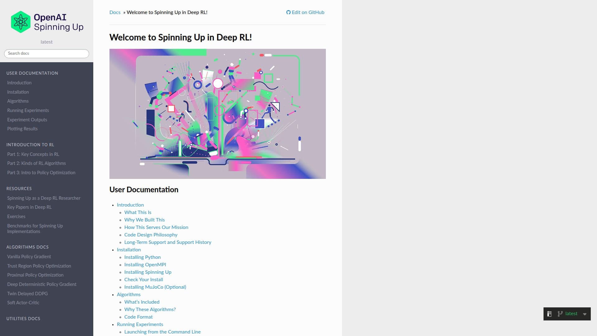深層強化学習のスピニングアップ — ドキュメント のスクリーンショット