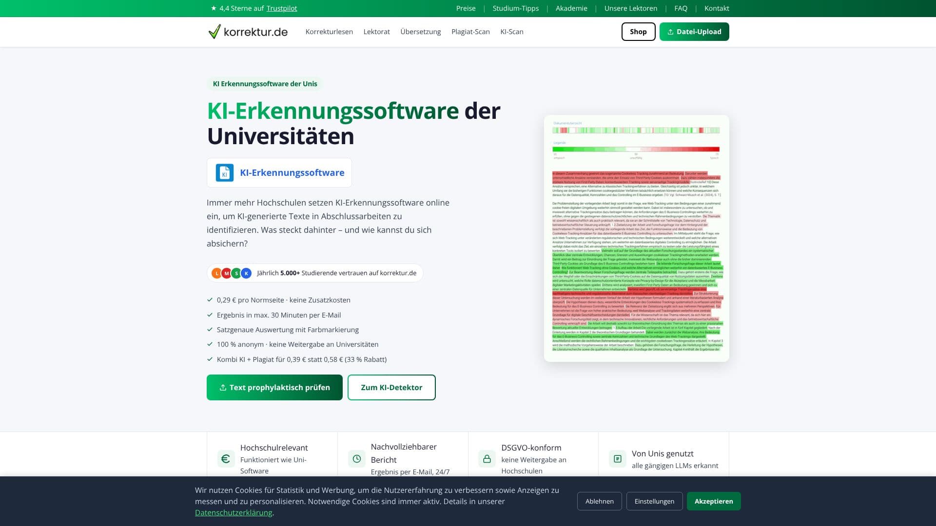 Captura de pantalla de Korrektur.de Software de Detección de IA