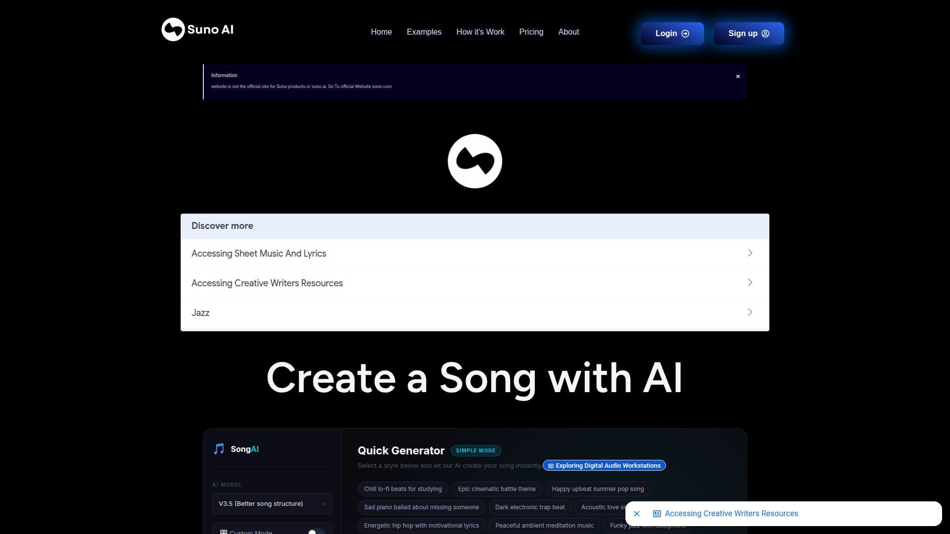 Suno AI (suno-ai.org) 스크린샷