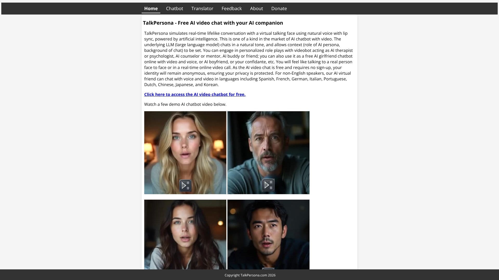 Screenshot von TalkPersona AI Video Chat