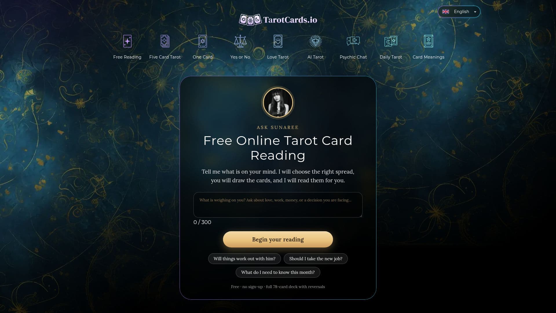 Screenshot von TarotCards.io
