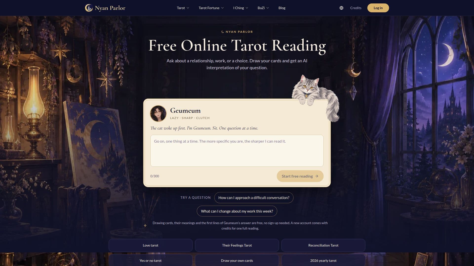 لقطة شاشة لـ Nyan Parlor — قراءة تاروت بالذكاء الاصطناعي