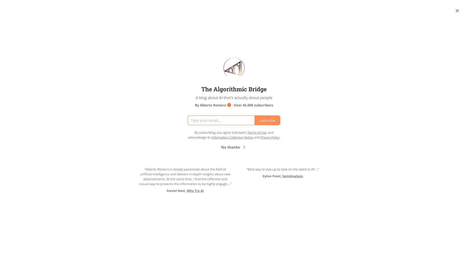Captura de pantalla de The Algorithmic Bridge