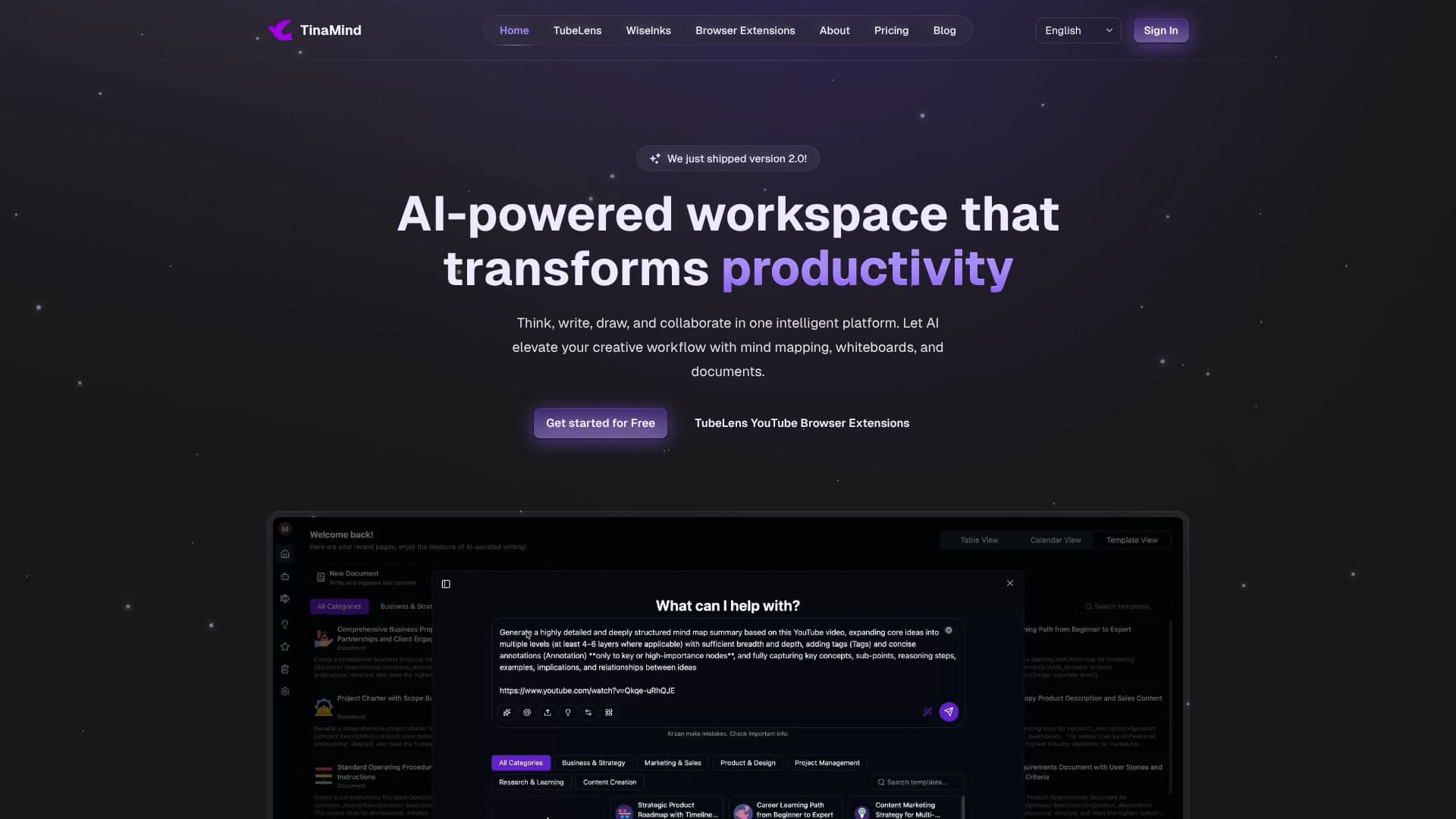 Tangkapan layar TinaMind AI Workspace