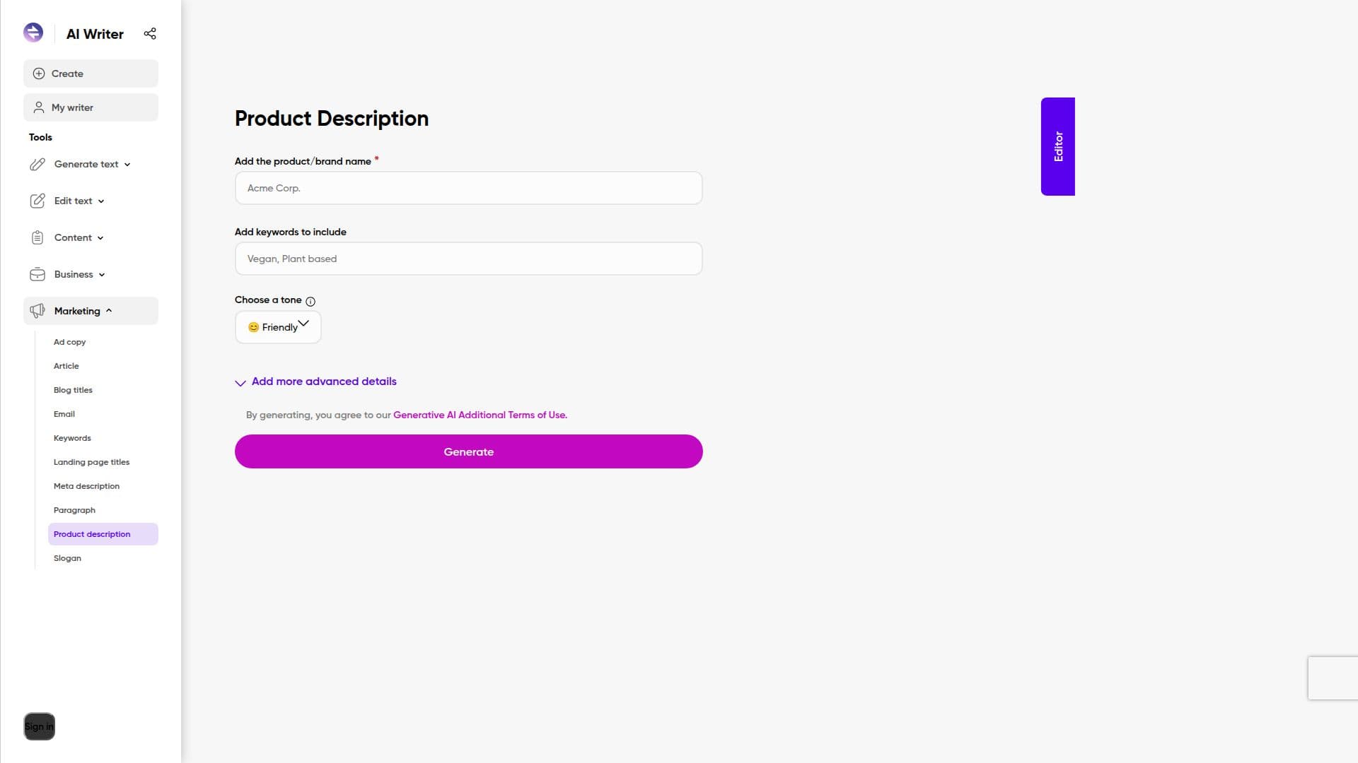 Captura de pantalla de Generador de Descripciones de Productos de Picsart