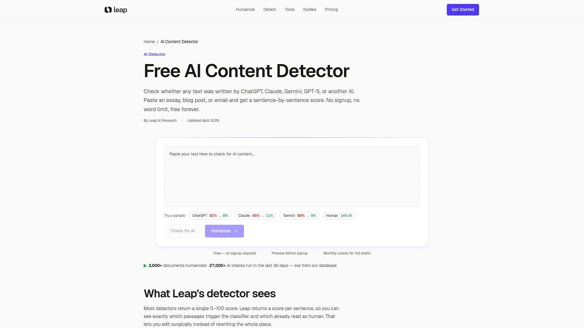 Screenshot von Leap AI Content Detector