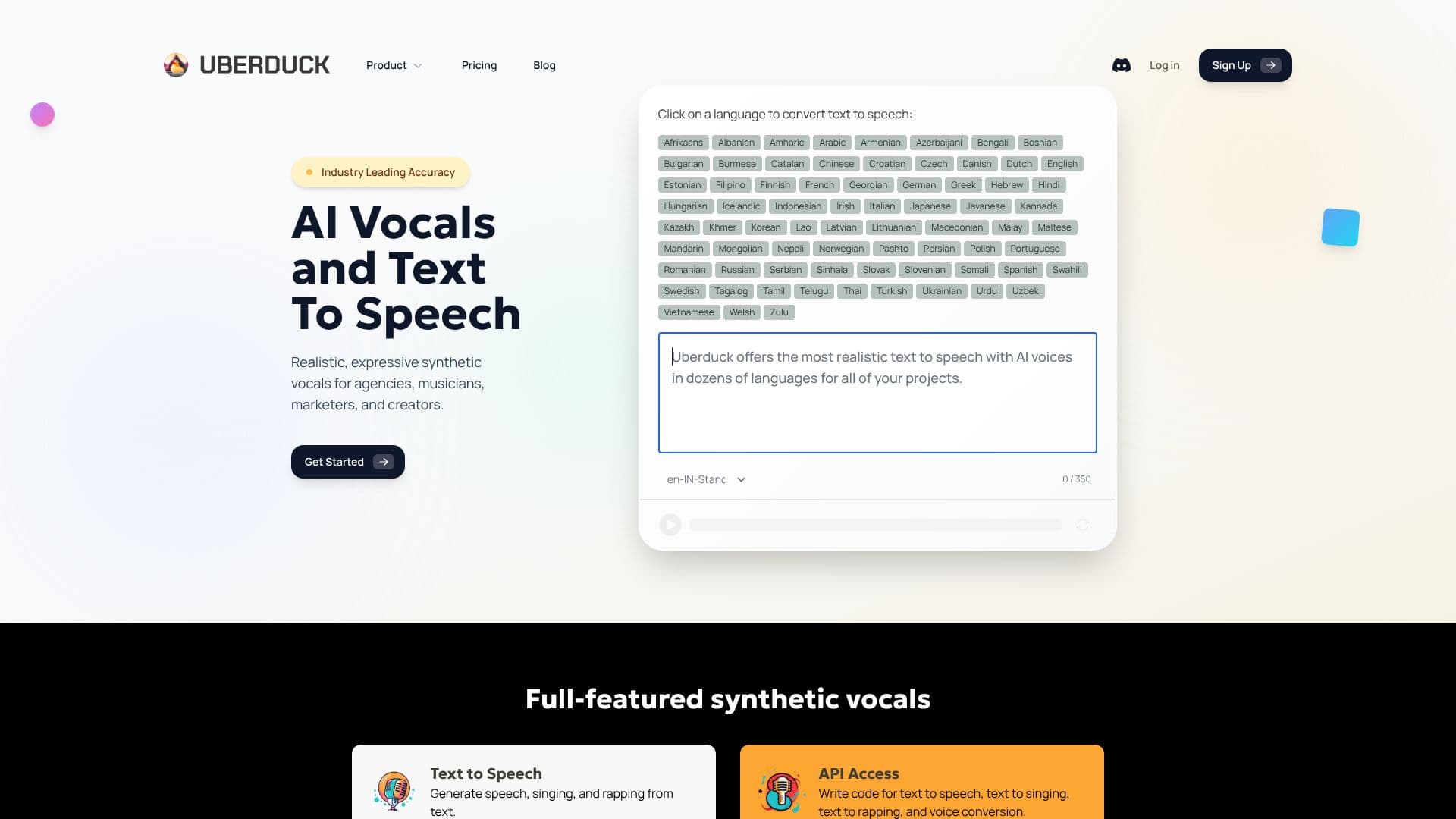 Screenshot von Uberduck AI Vocals
