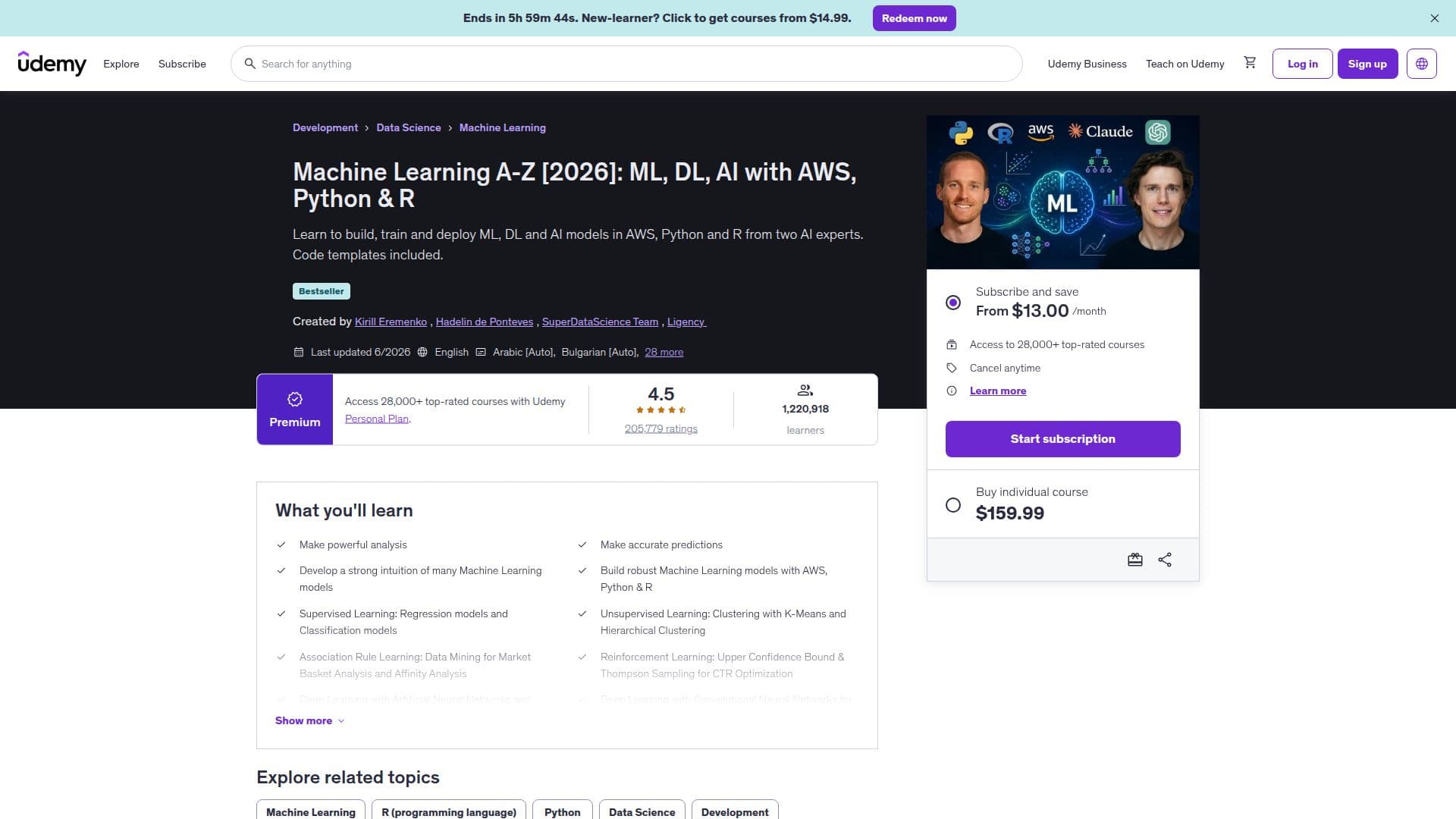 Screenshot von Udemy: Machine Learning A-Z: AI, Python & R + ChatGPT [2026]