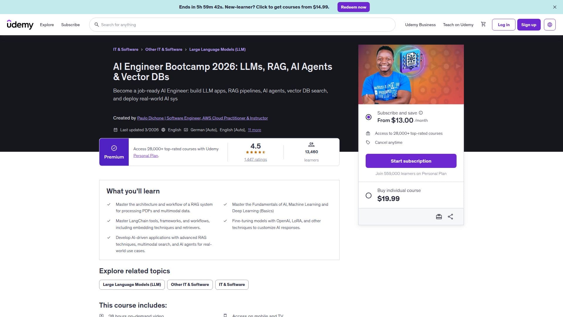 Screenshot von Udemy: AI Engineer Bootcamp 2026