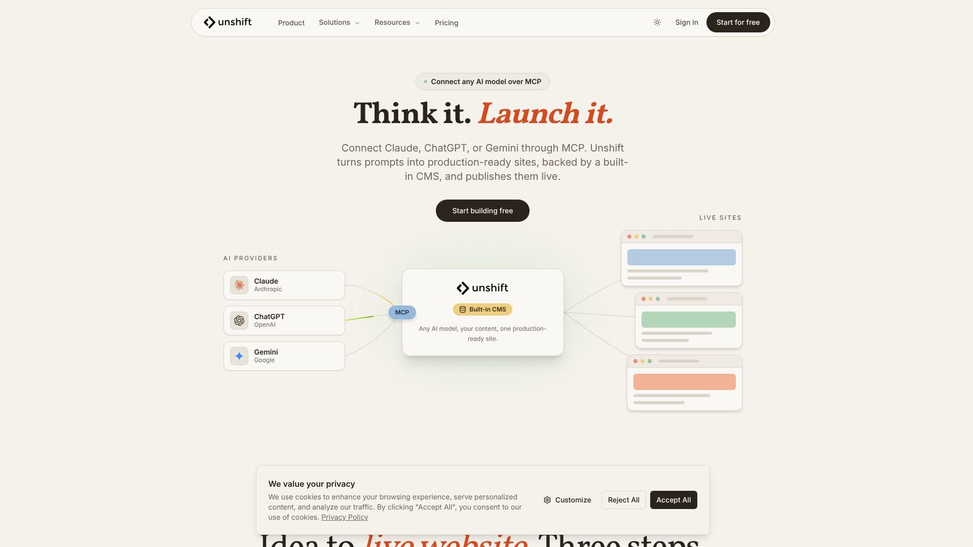 Screenshot von Unshift AI Website Builder