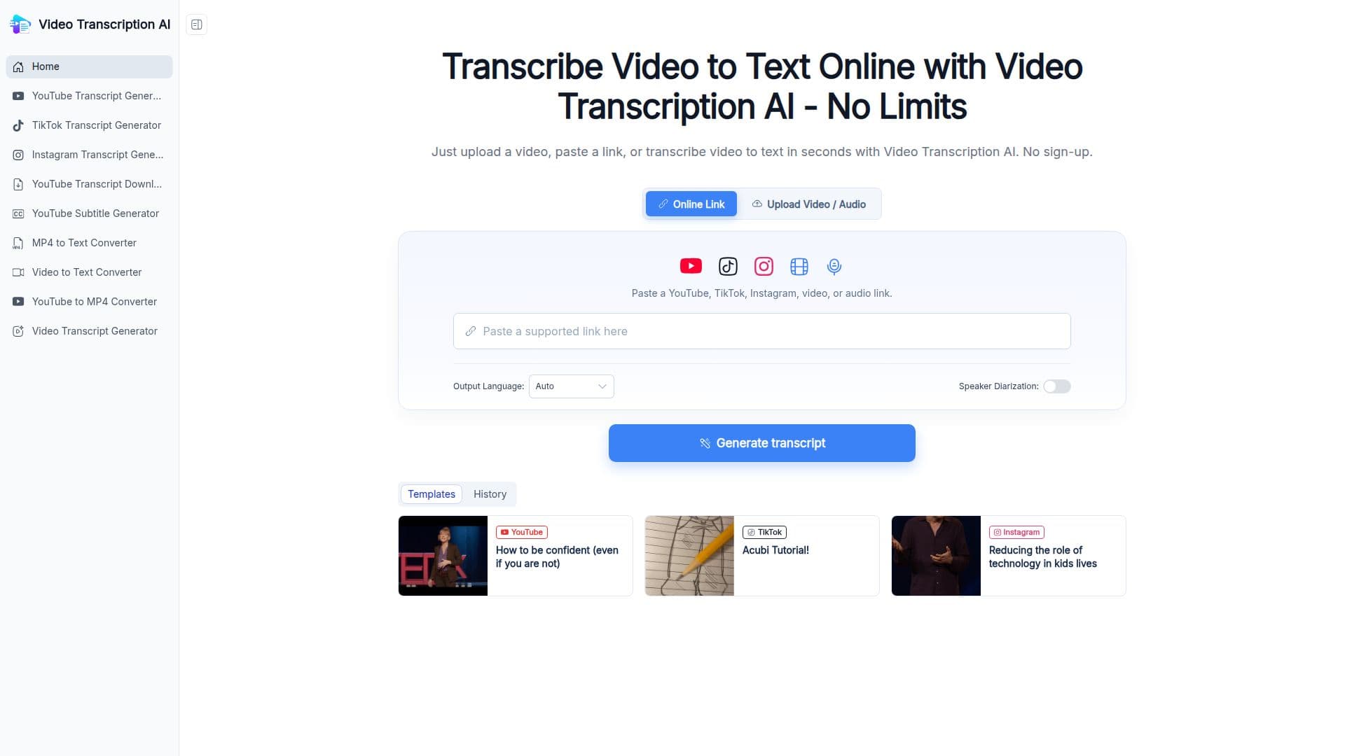 Screenshot von Video Transkription KI