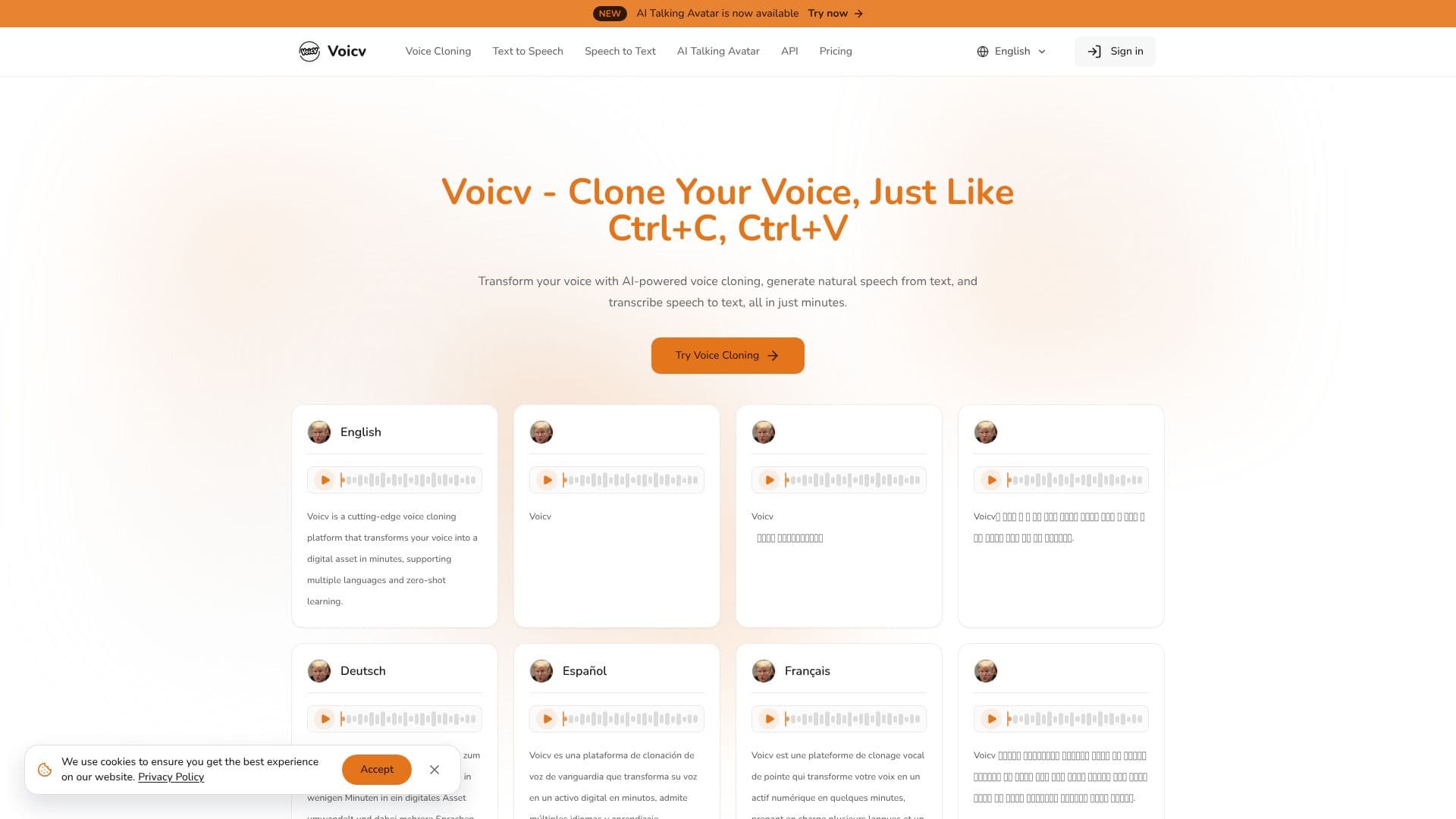 Tangkapan layar Voicv - AI Voice Cloning