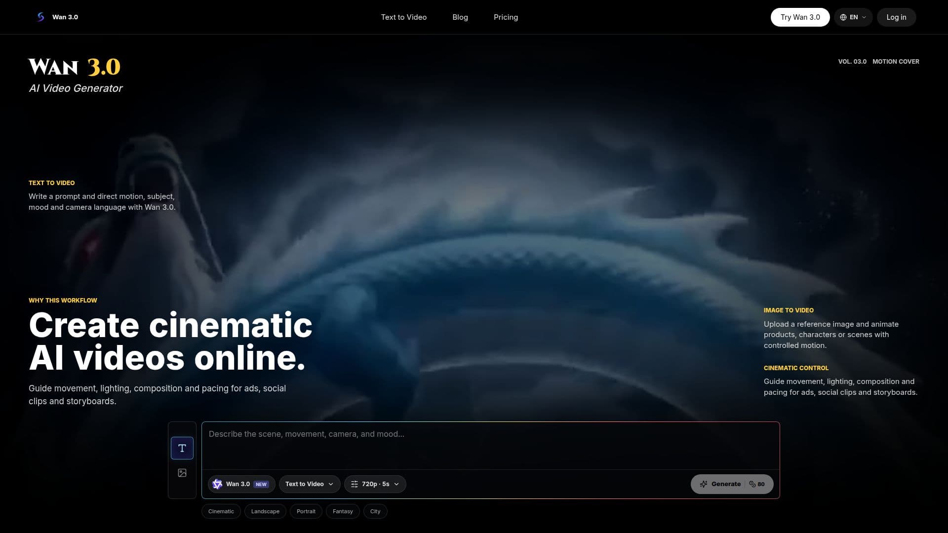 Captura de pantalla de Generador de Video AI Wan 3.0 en Línea