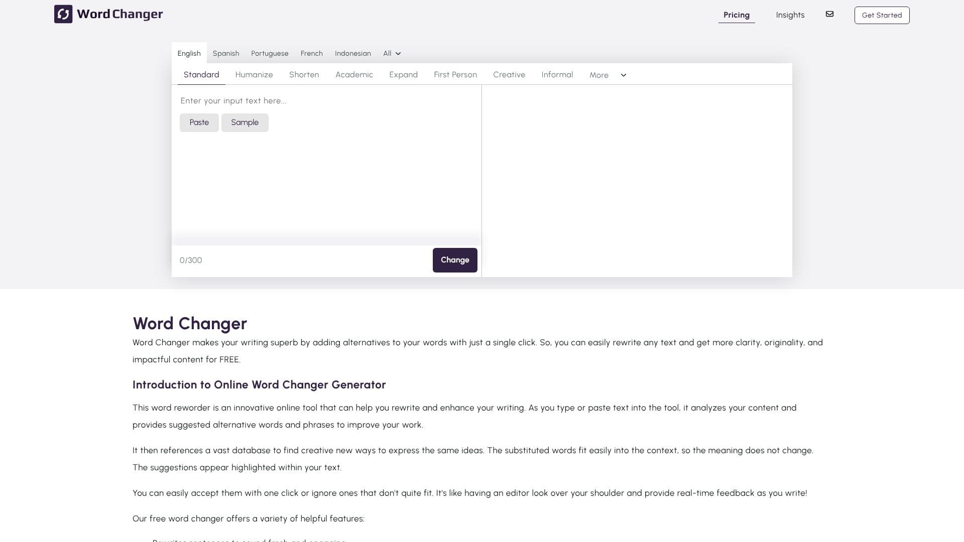 Screenshot von AI Word Changer