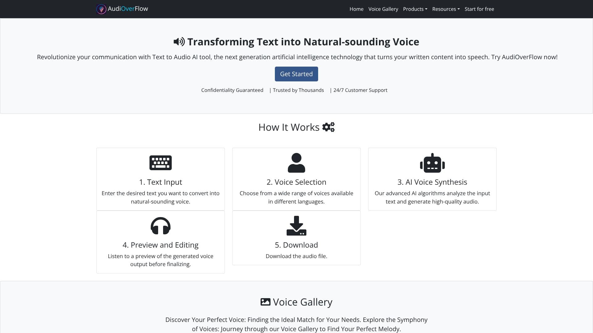 Screenshot von AudiOverFlow Text-zu-Audio KI