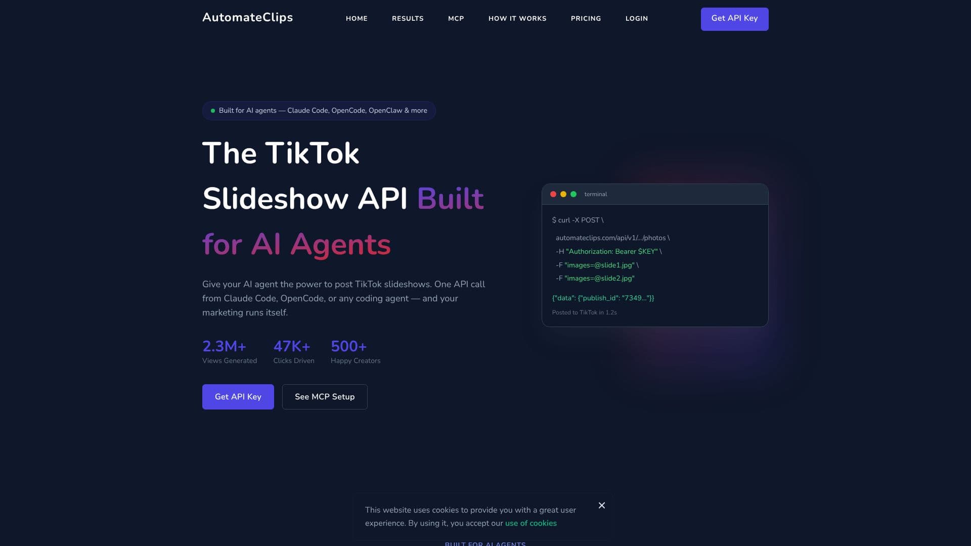 Capture d’écran de AutomateClips API pour les diaporamas TikTok