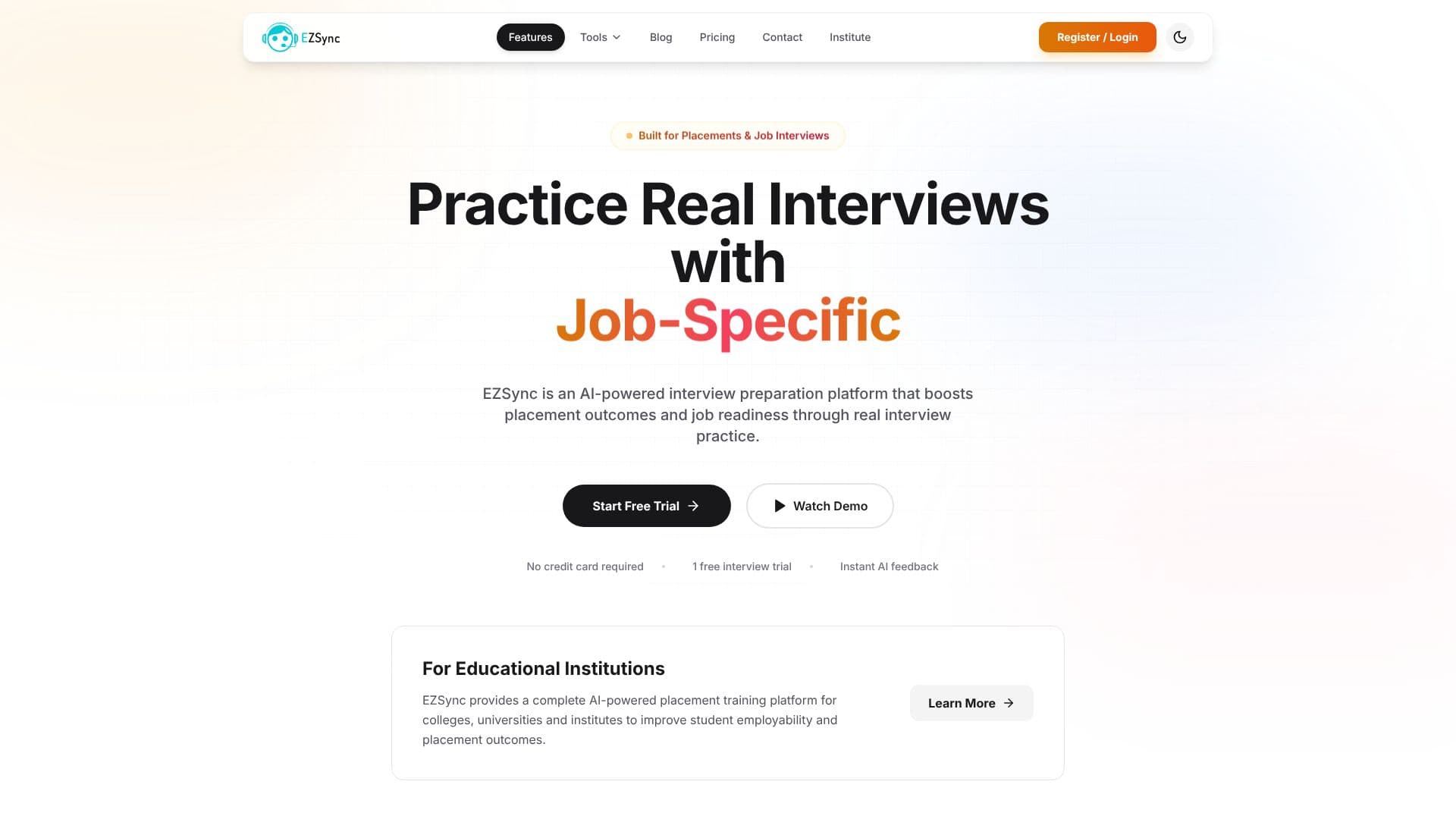Screenshot von EZSync AI Mock Interview Plattform