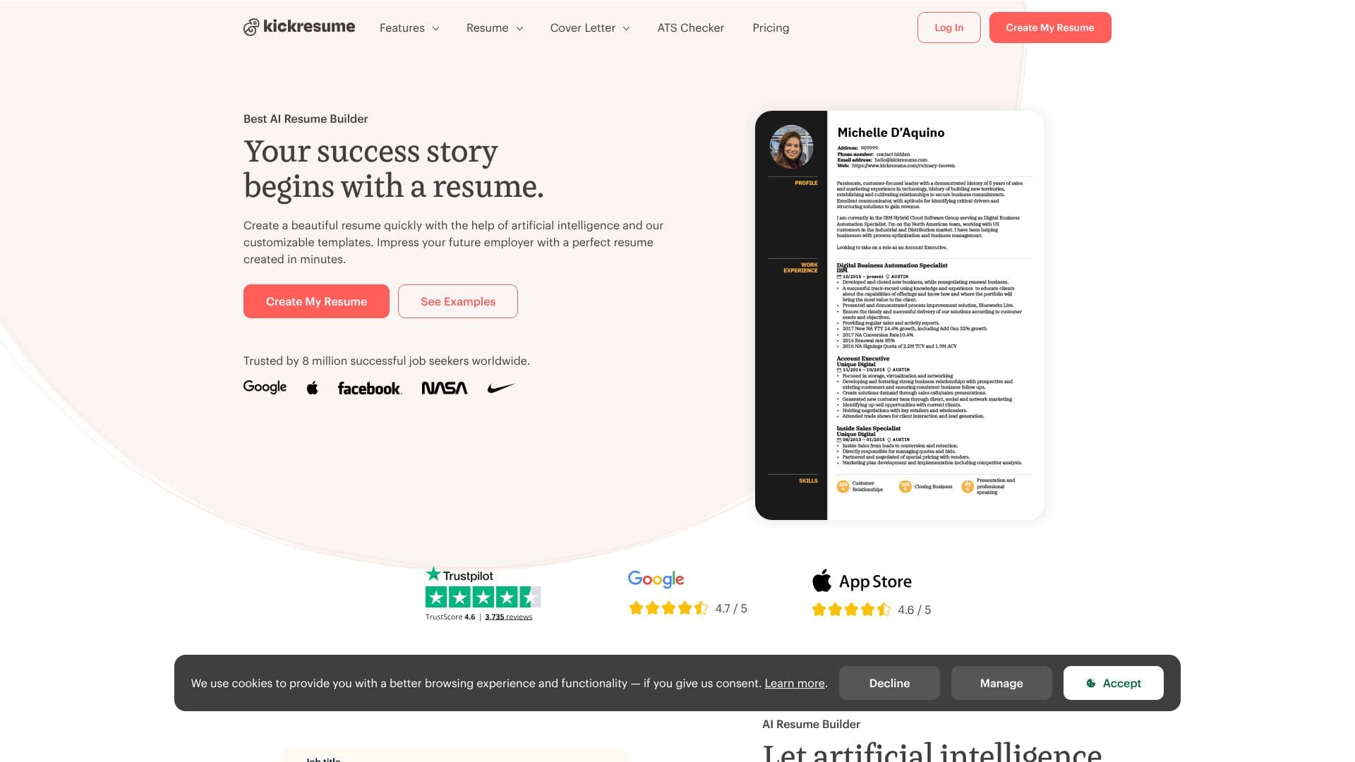 Capture d’écran de Kickresume Générateur de CV