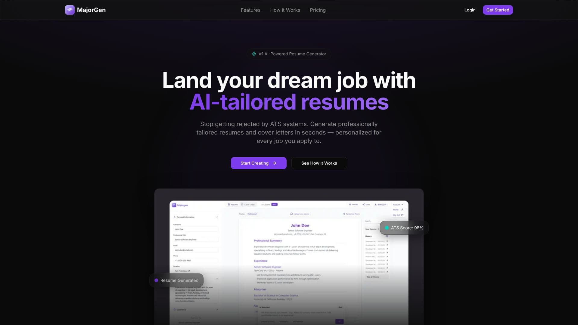 Screenshot von MajorGen AI Resume Generator