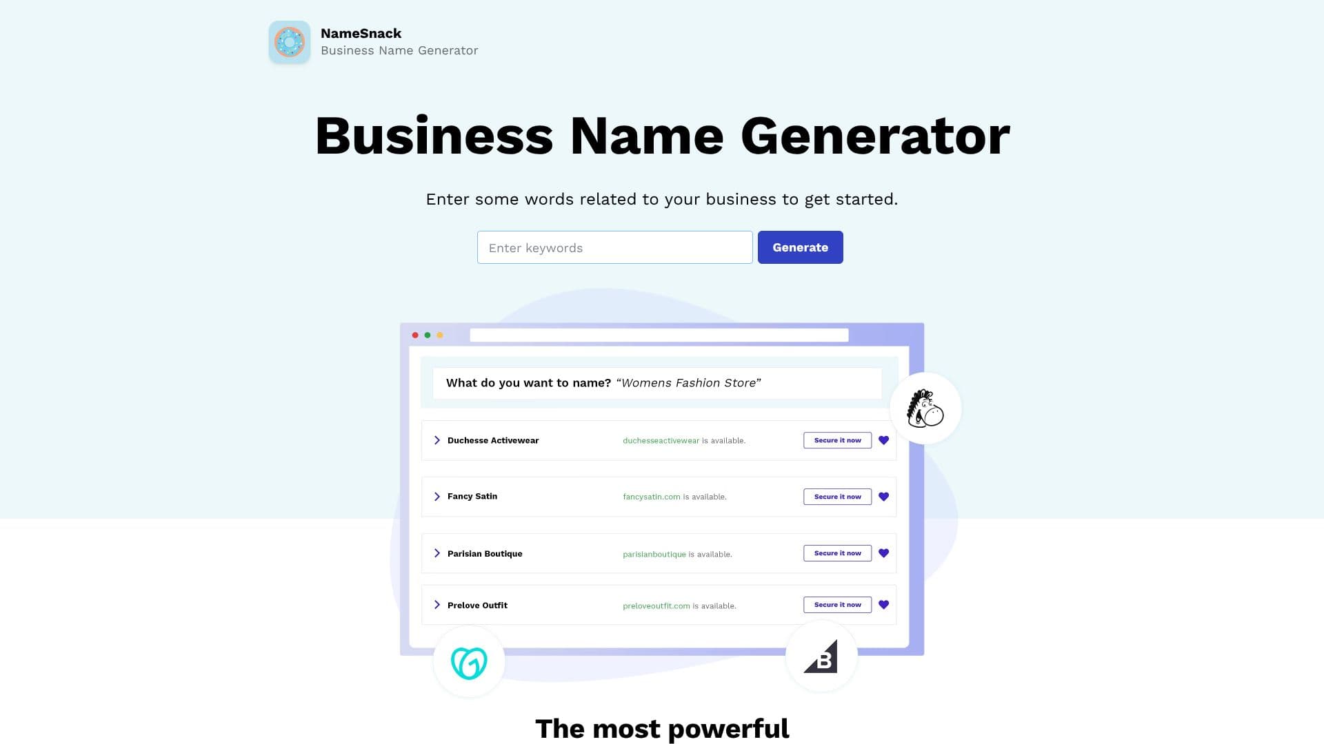 Screenshot von NameSnack Business Name Generator