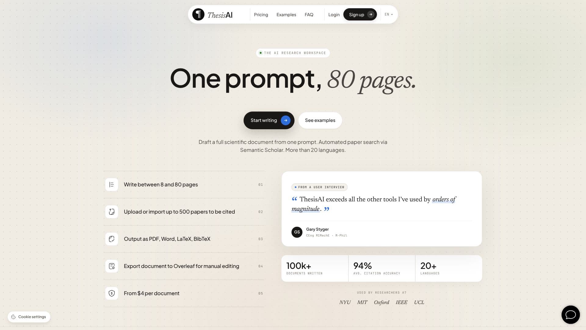 ThesisAI Academic Writing Assistant screenshot