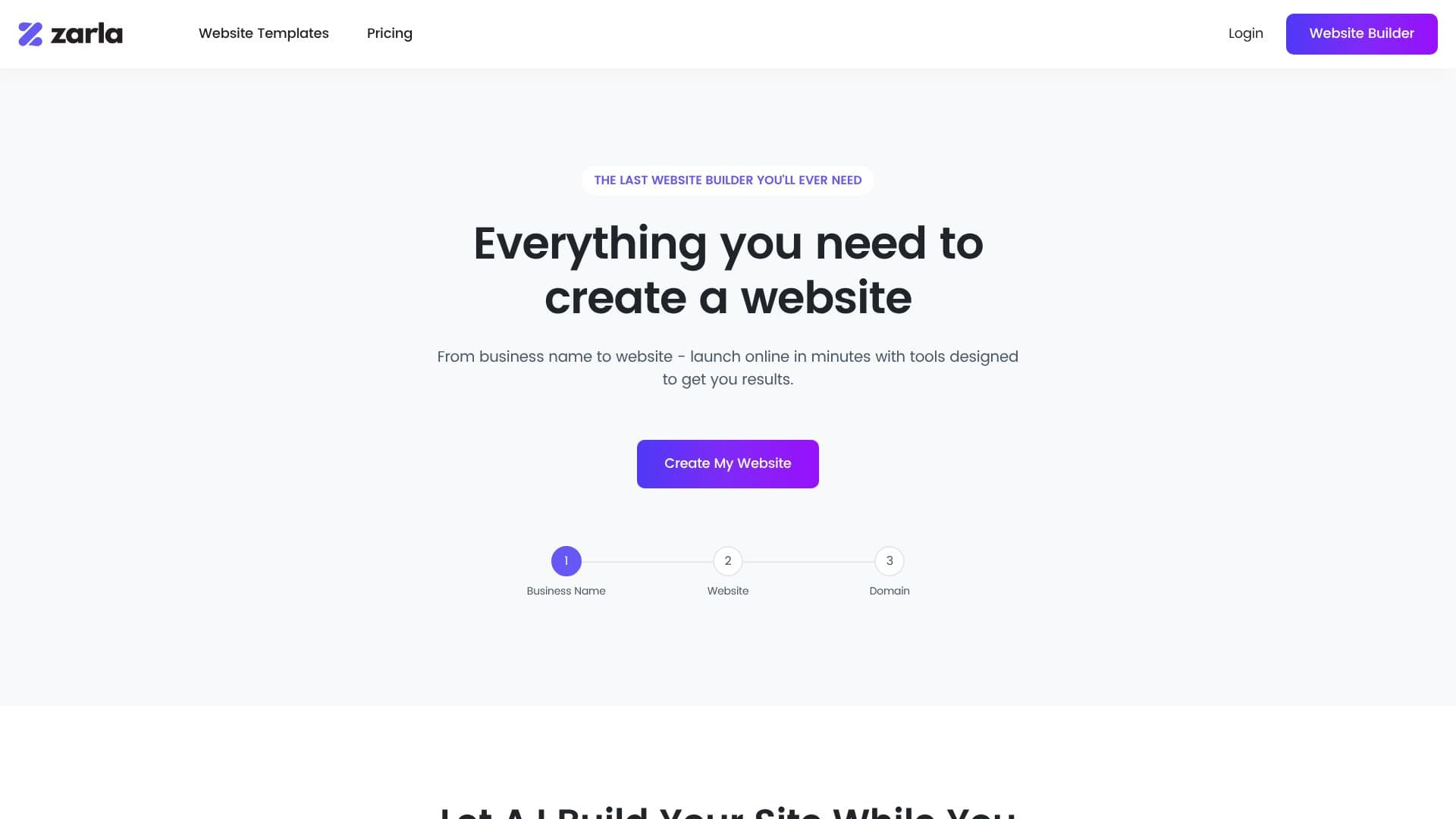 Tangkapan layar Zarla - Pembuat Situs Web AI