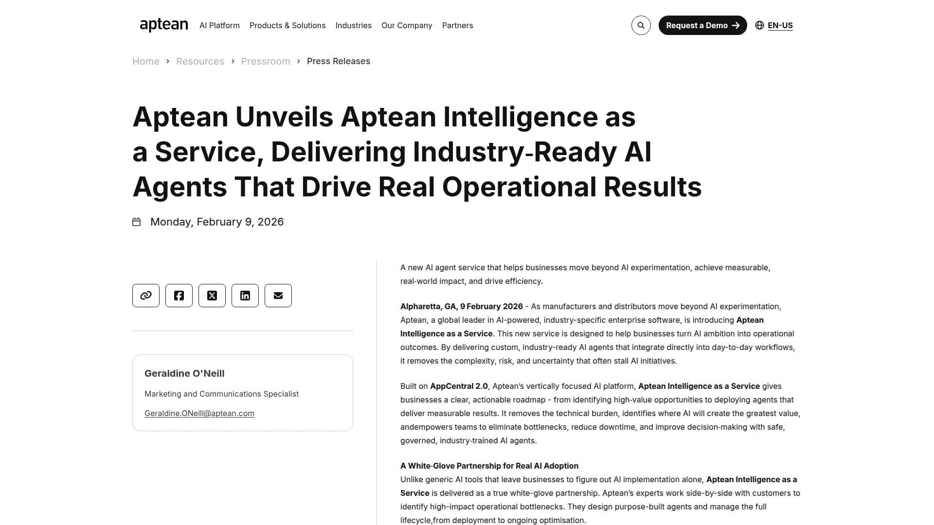 Aptean Intelligence as a Service screenshot