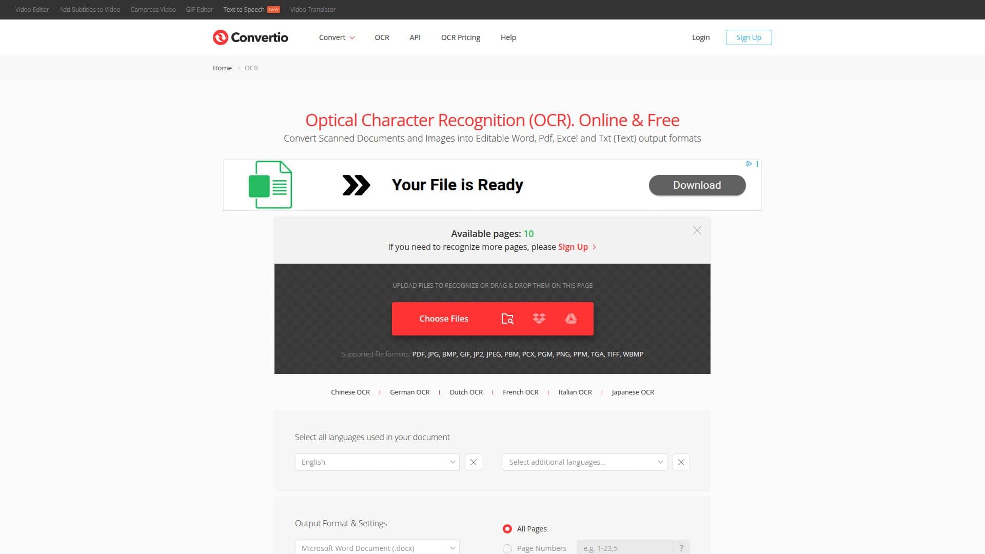 Ferramenta Convertio OCR screenshot