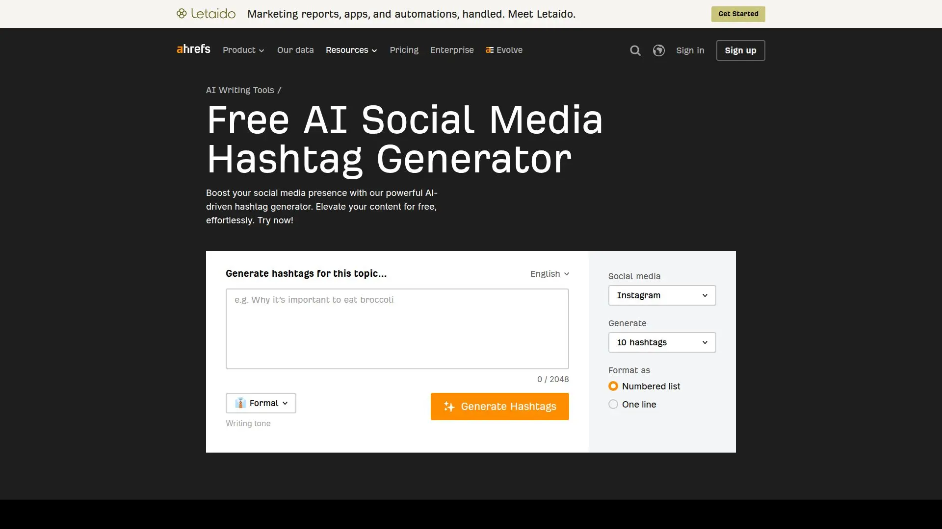 Screenshot von Ahrefs Kostenloser AI Social Media Hashtag Generator