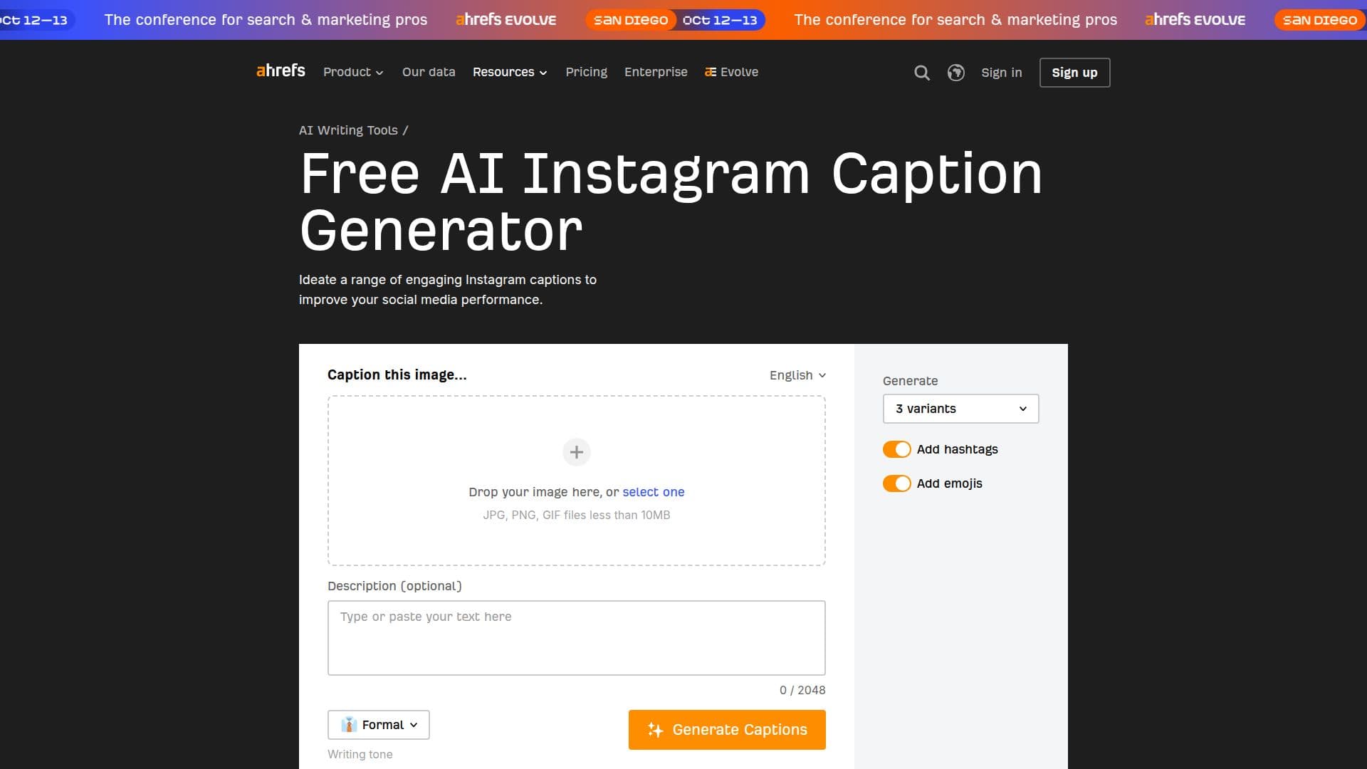 Screenshot von Ahrefs Instagram Caption Generator