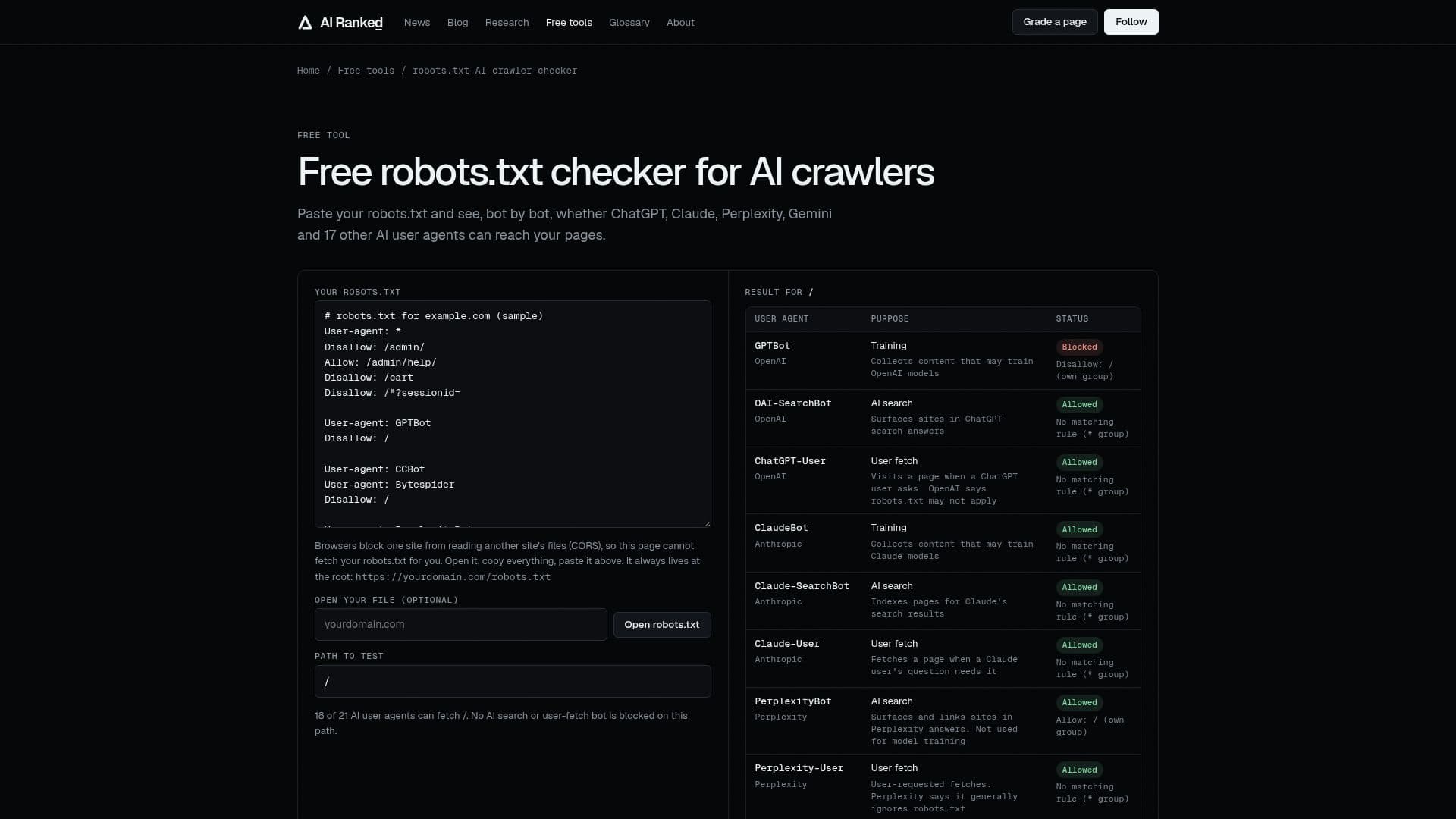 Screenshot von AI Crawler robots.txt Checker