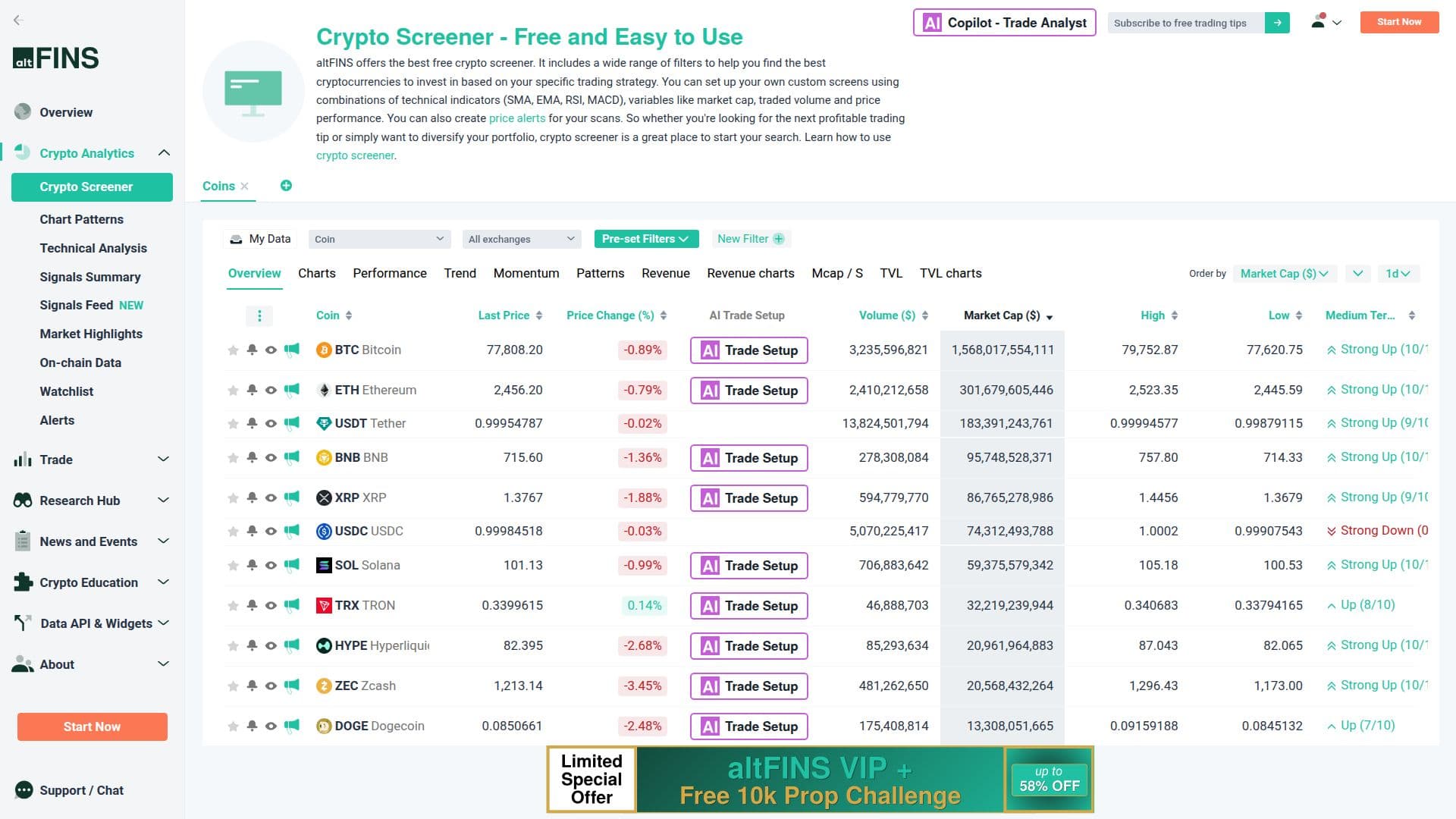 altFINS Crypto Screener screenshot